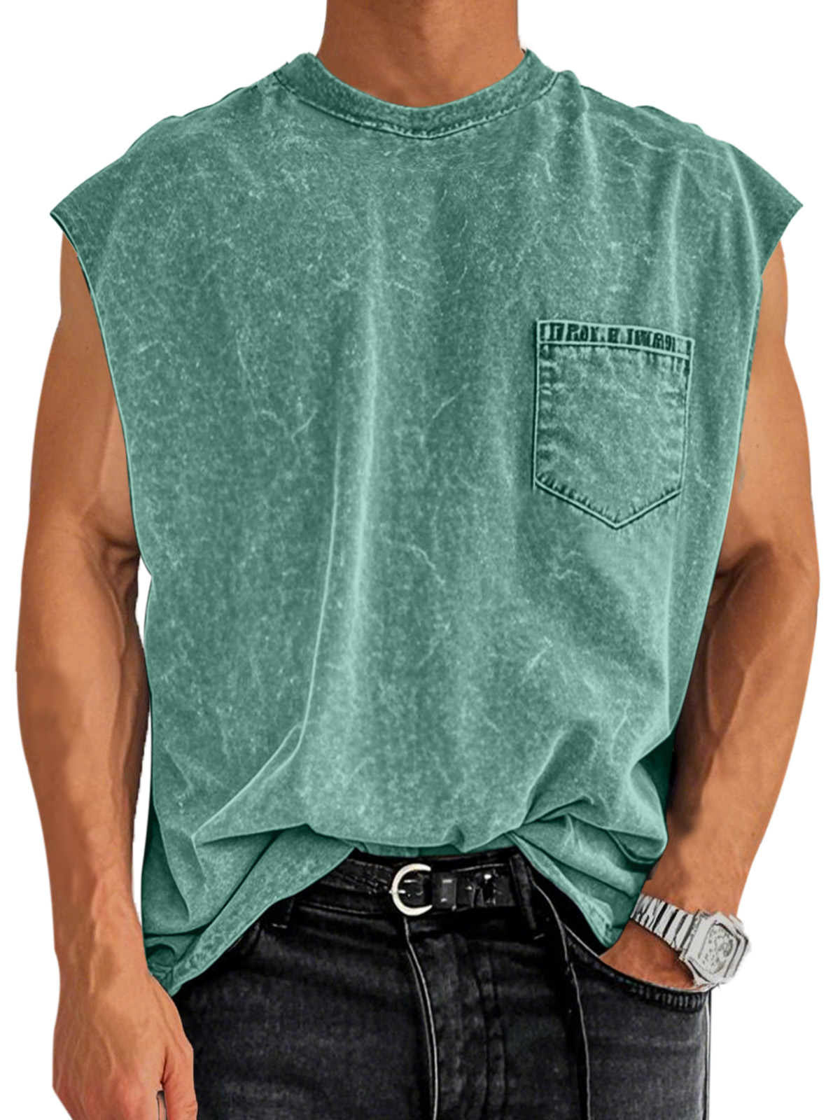 Men's Retro Cotton Washed Pocket Round Neck Sleeveless T-shirt