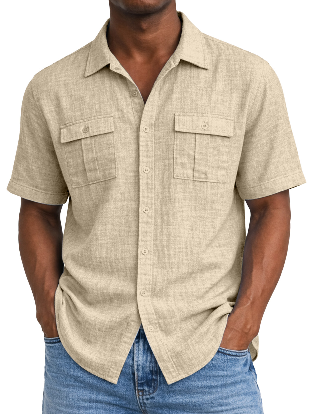 Men's solid color breathable linen short-sleeved shirt