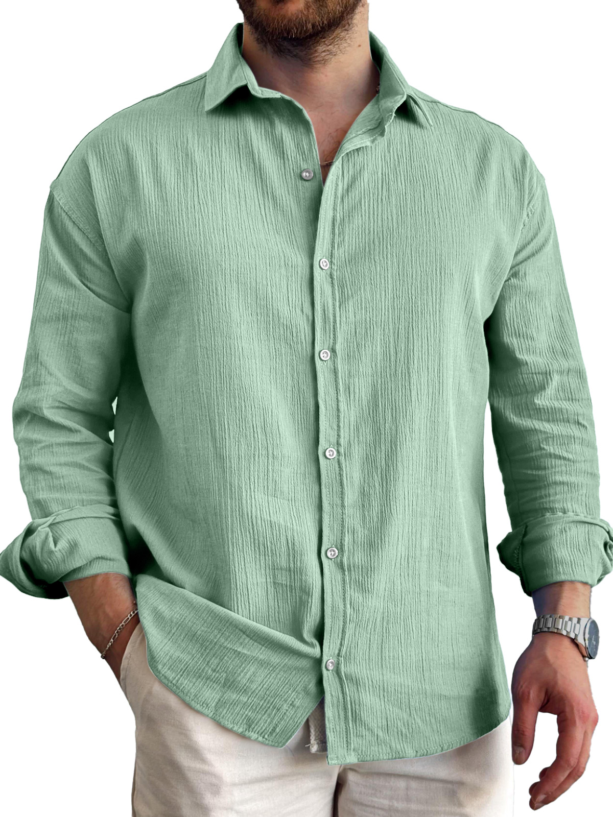 Men's Daily Simple Pleated Textured Lapel Long-sleeved Shirt