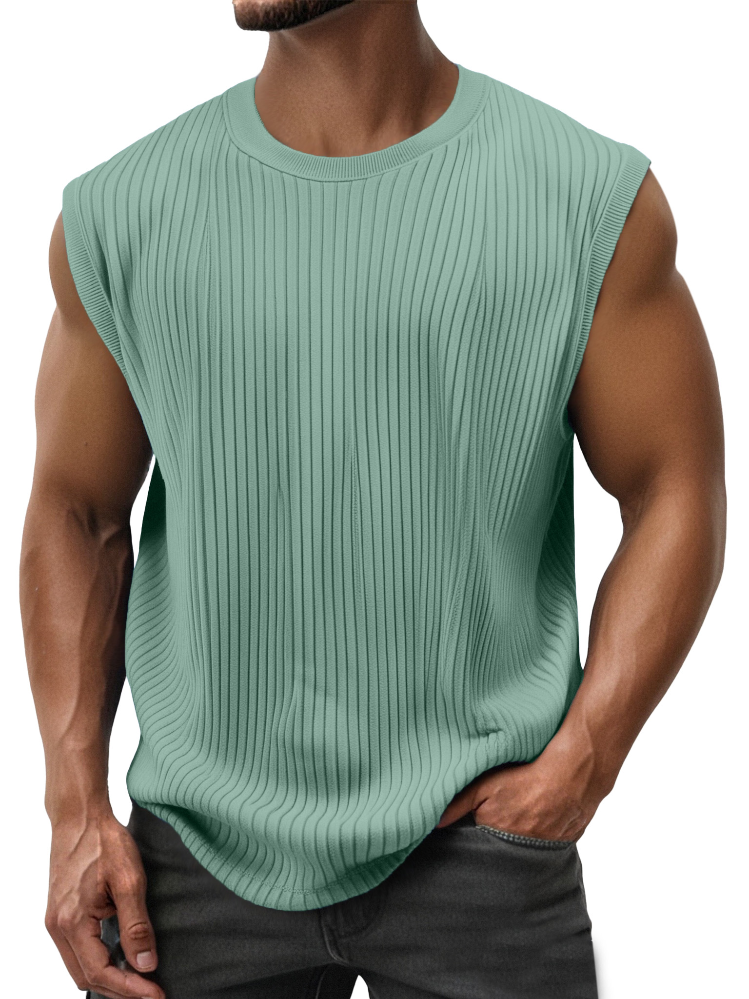 Men's Simple Everyday Solid Color Vertical Strip Sleeveless Round Neck T-shirt