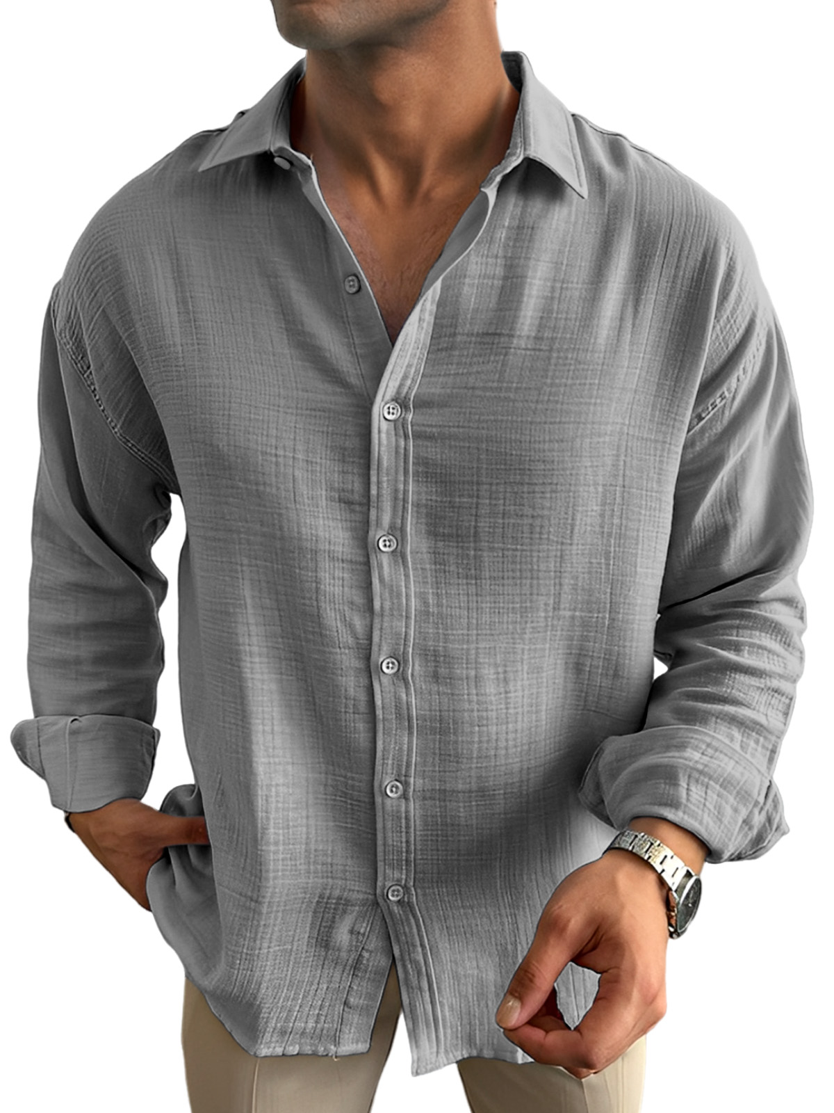 Men's Casual Solid Color Breathable And Comfortable Lapel Long-sleeved Shirt