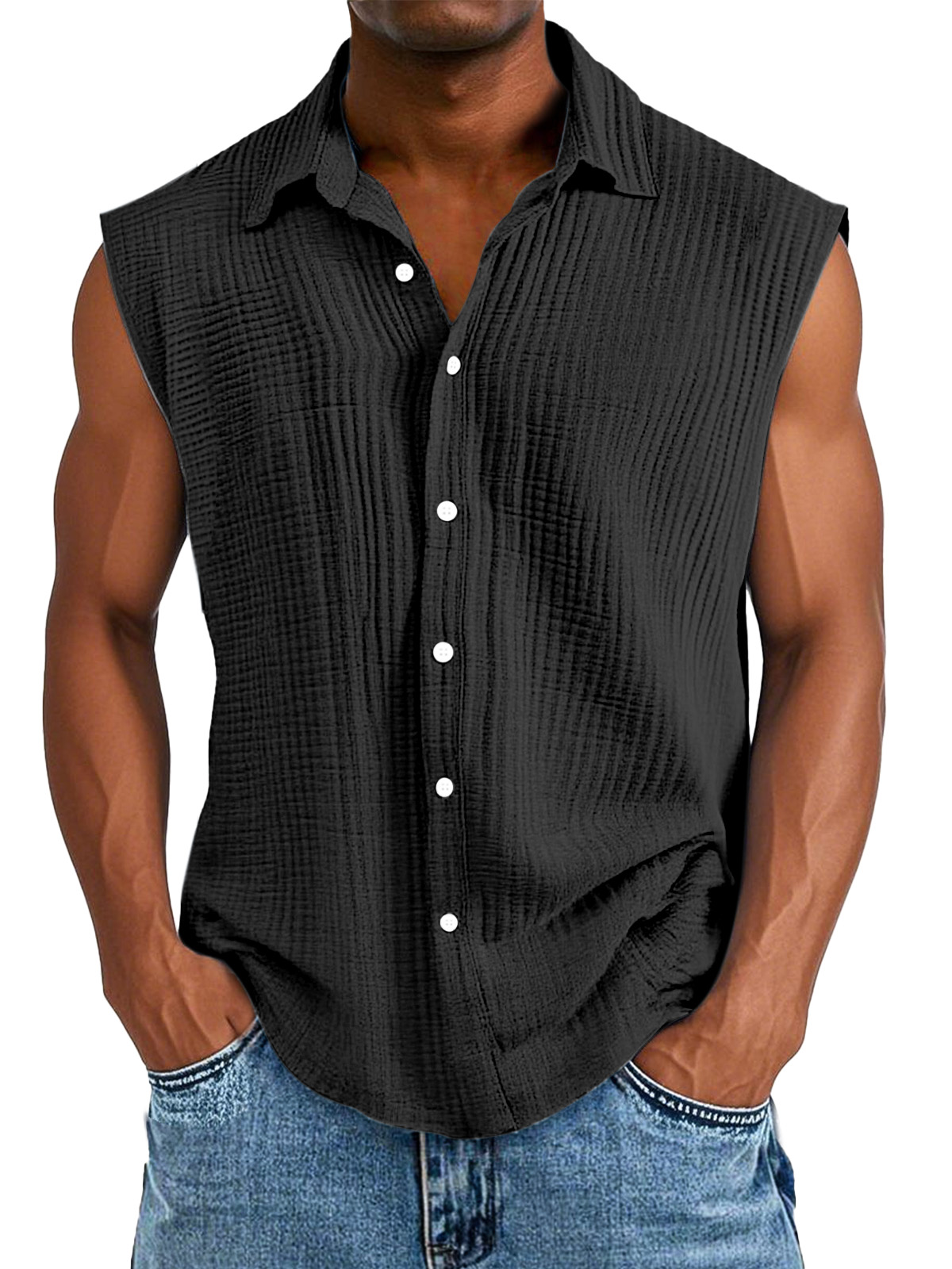Men's Casual Solid Color Pleated Texture Sleeveless Lapel Shirt
