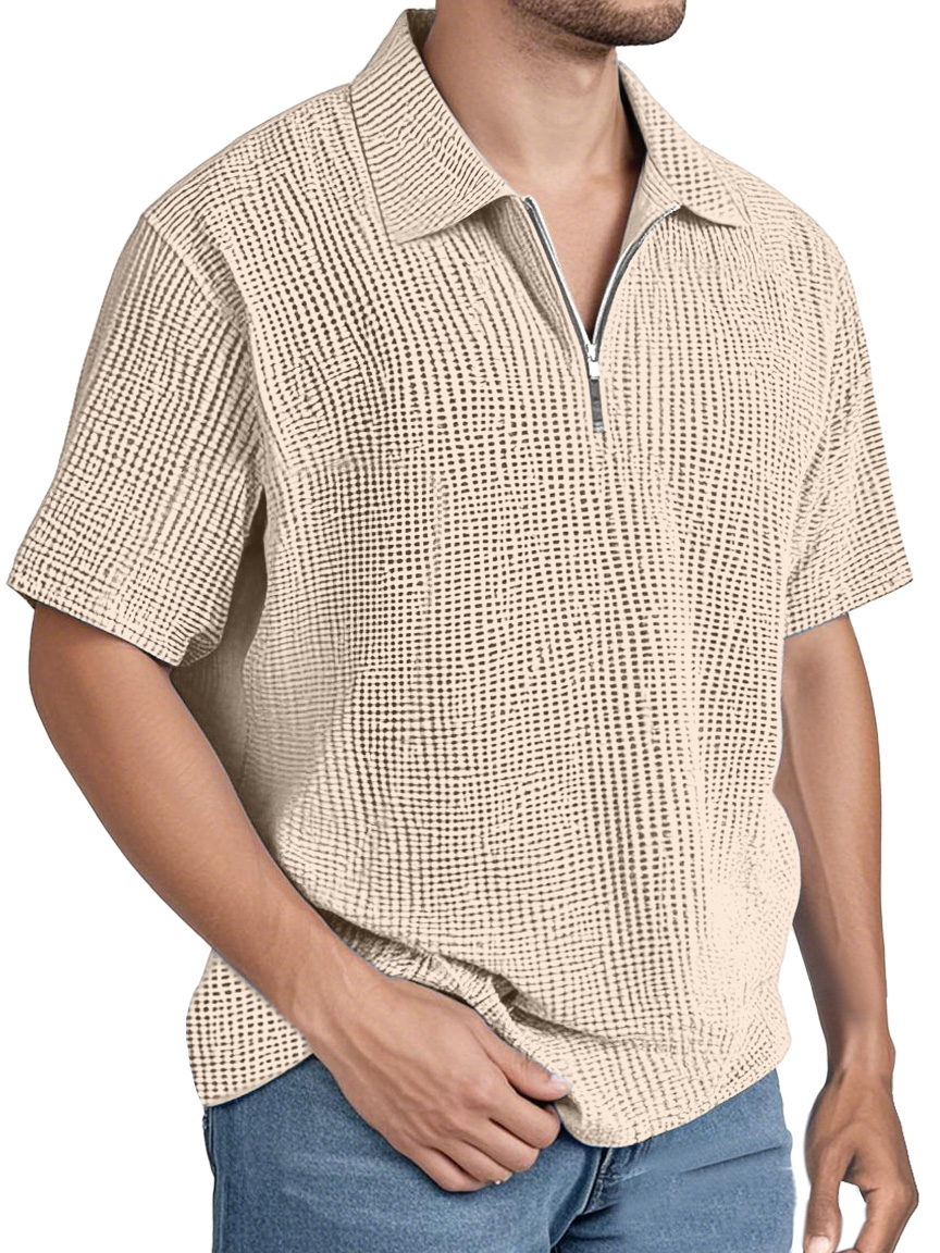Men's Simple Solid Color Waffle Zipper Lapel Short-sleeved Polo Shirt
