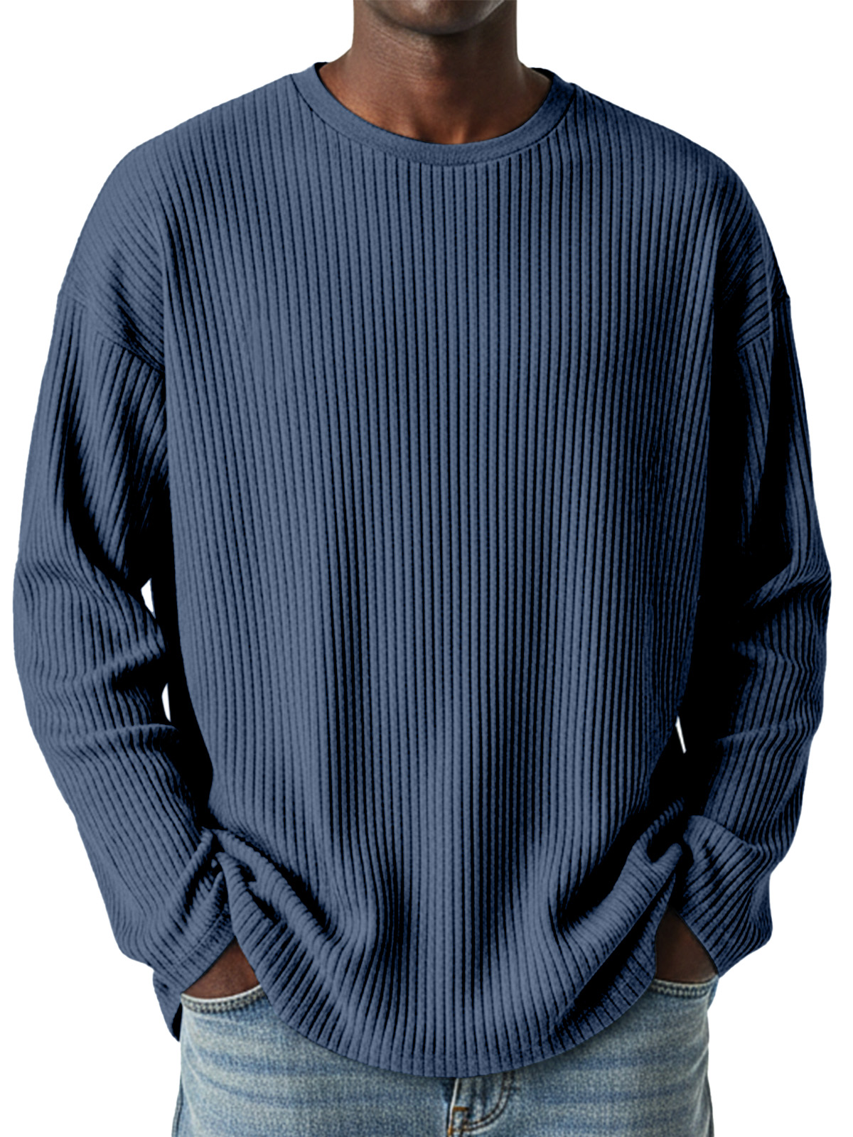 Men's Simple Daily Solid Color Vertical Pit Strip Round Neck Long-sleeved T-shirt