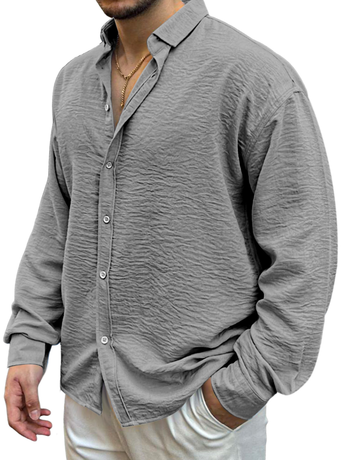Men's Simple Solid Color Pleated Loose And Comfortable Lapel Long-sleeved Shirt