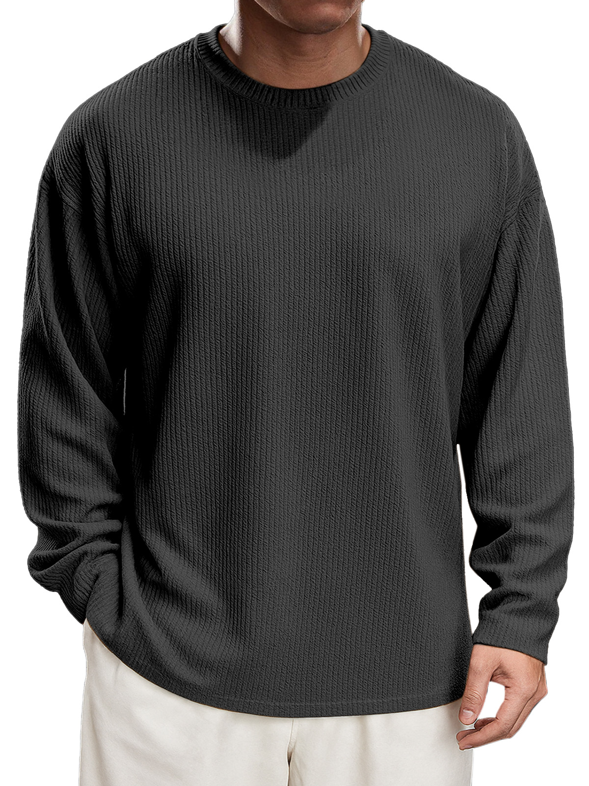 Men's Simple Daily Solid Color Texture Round Neck Long-sleeved T-shirt