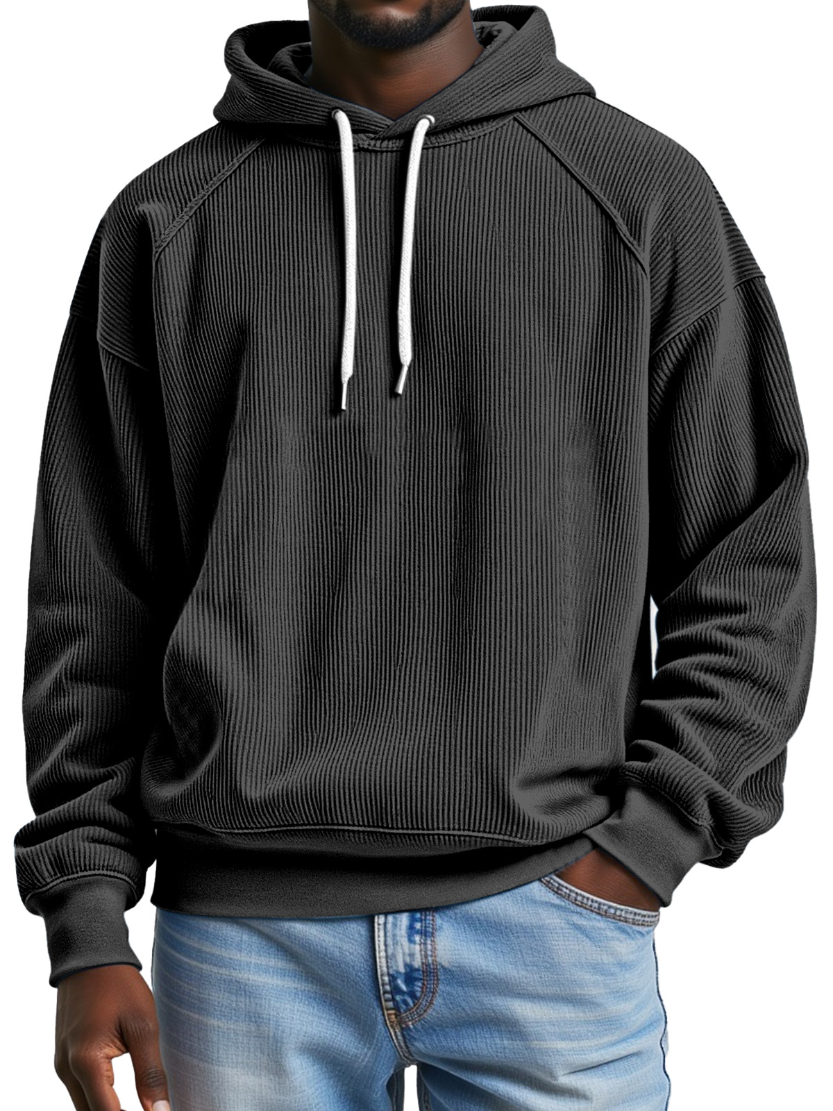 Men's Simple And Comfortable Vertical Pit Strip Raglan Design Loose Hooded Sweatshirt