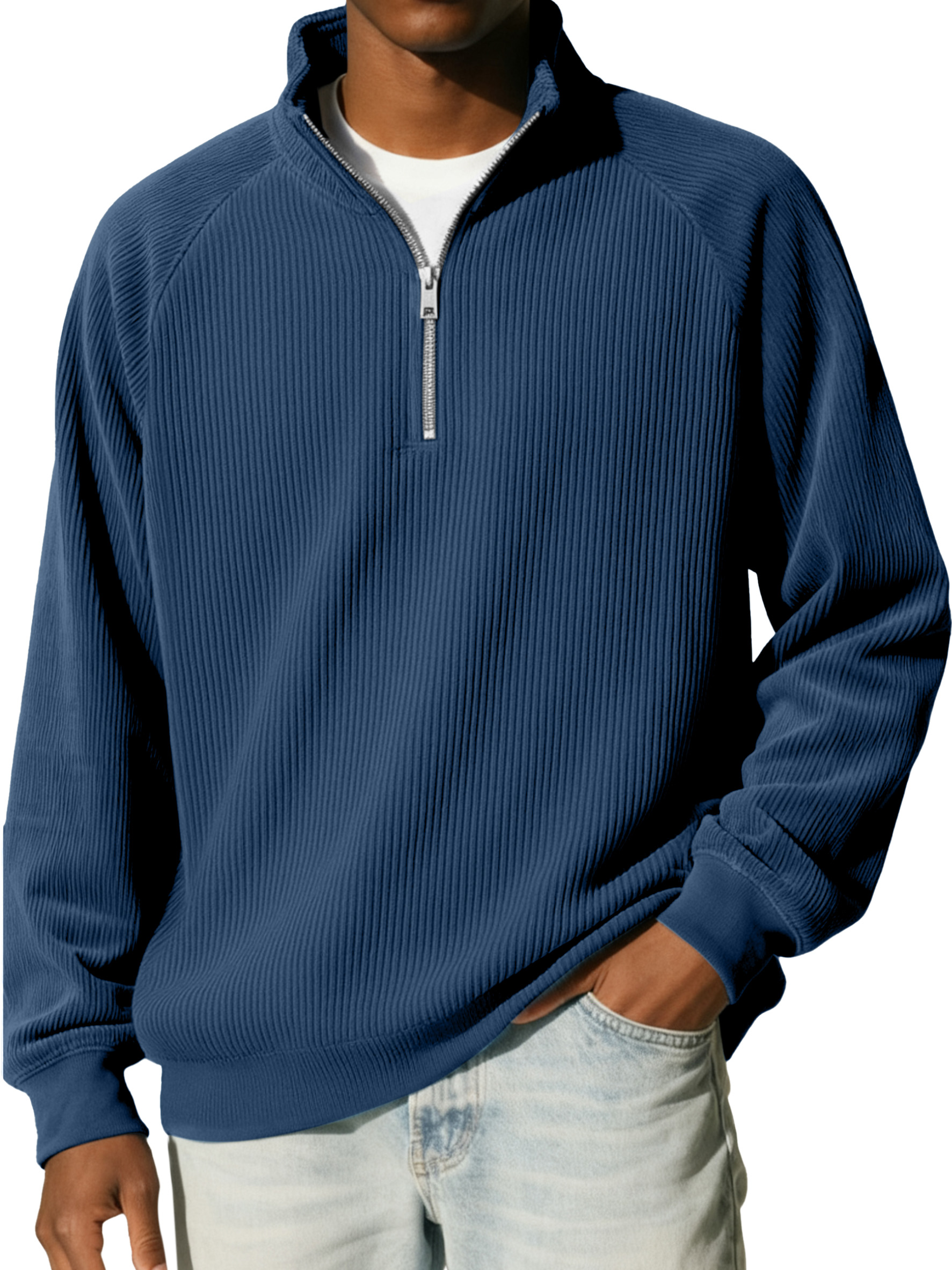 Men's Casual Simple Vertical Pit Strip Raglan Stand Collar Zipper Long-sleeved Sweatshirt