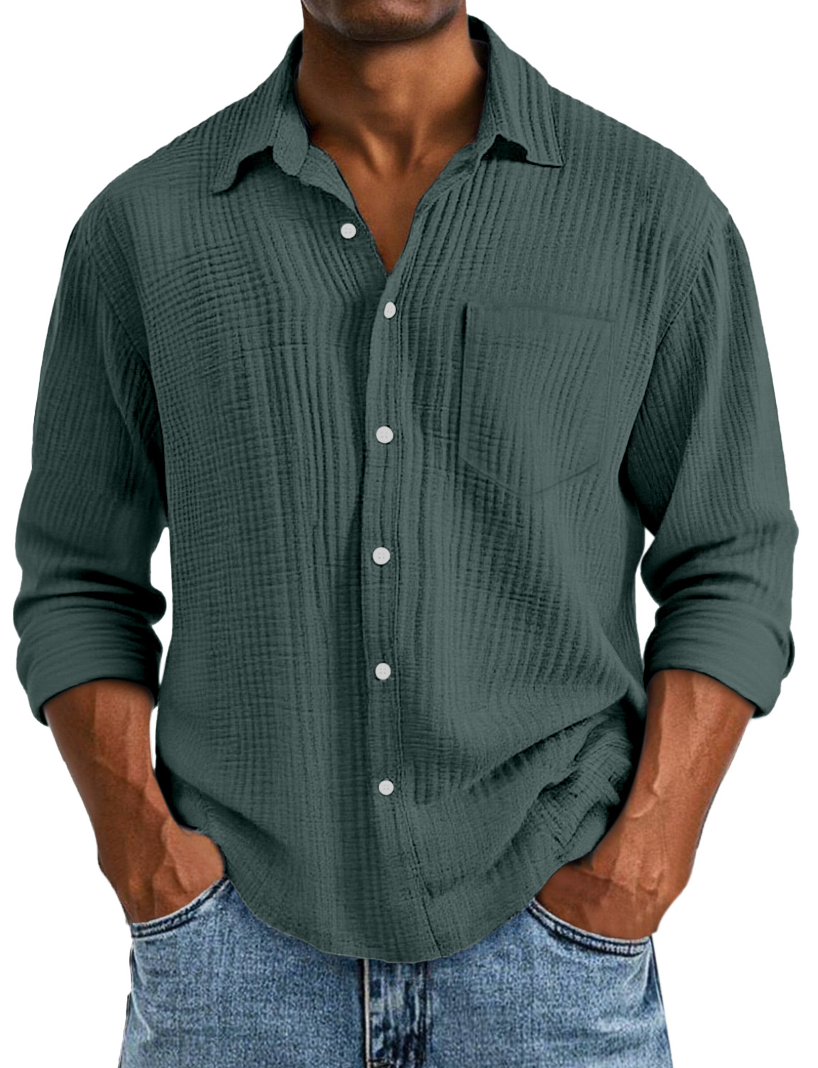 Men's Casual Solid Color Breathable Cotton Pleated Comfortable Lapel Long-sleeved Shirt