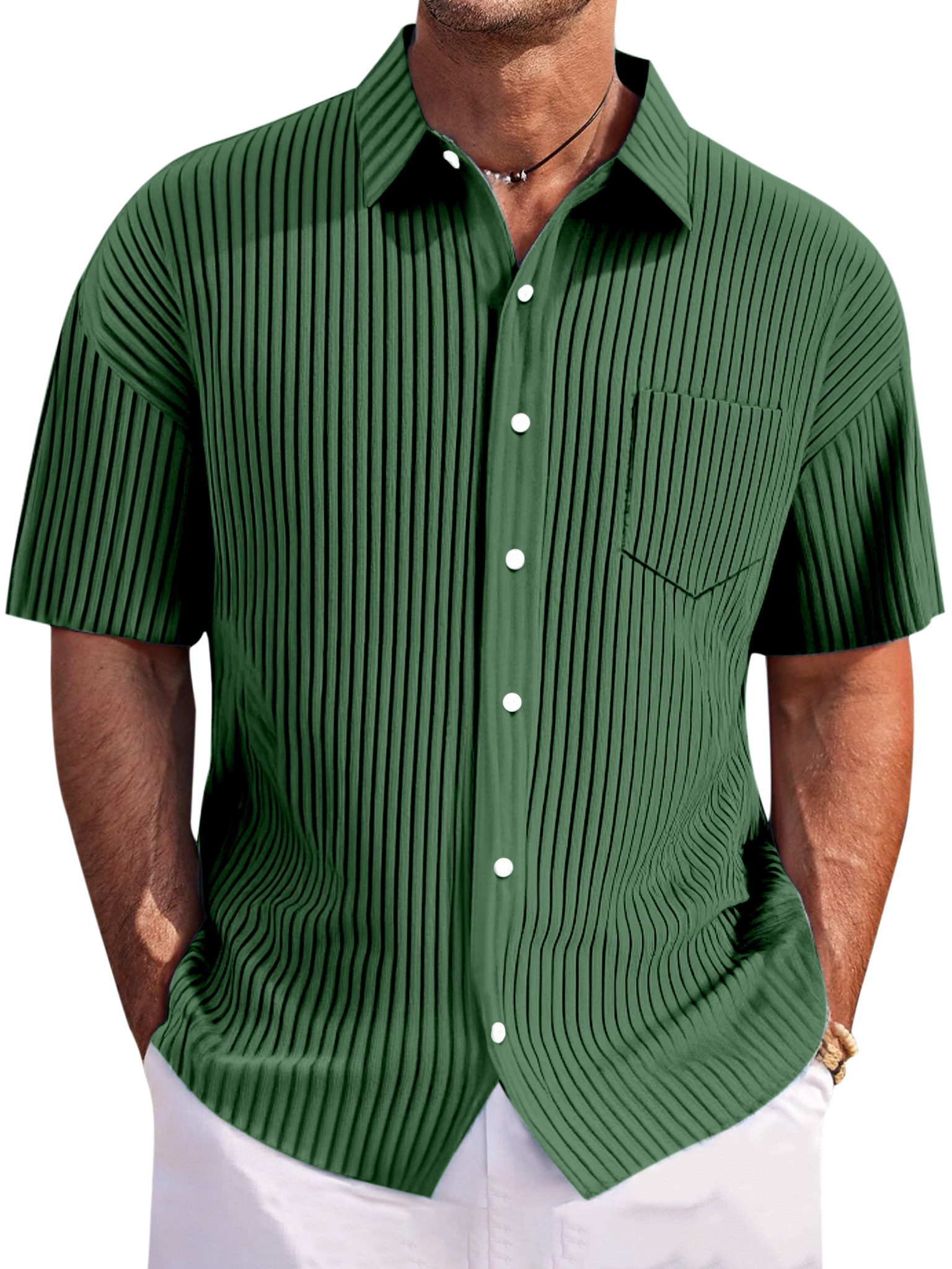 Men's Casual Loose Pitted Textured Lapel Button-down Short-sleeved Shirt