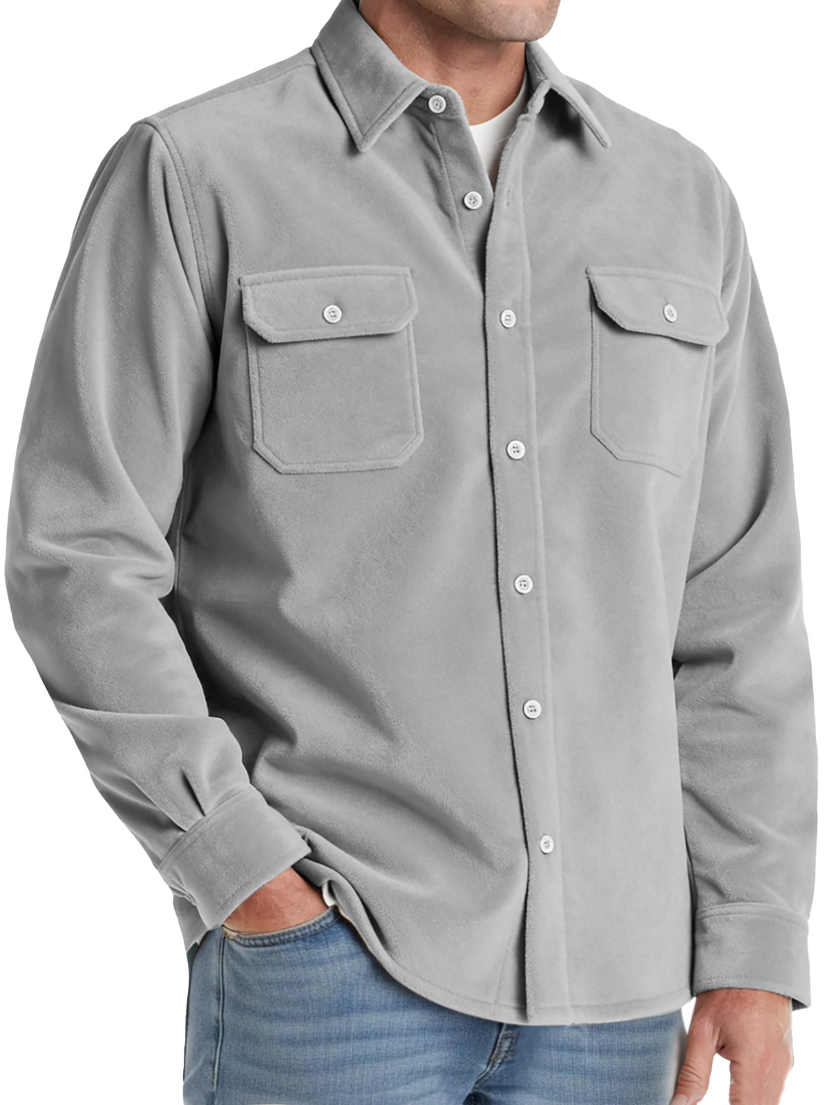 Men's Comfortable Solid-color Suede Double-pocket Long-sleeved Shirt