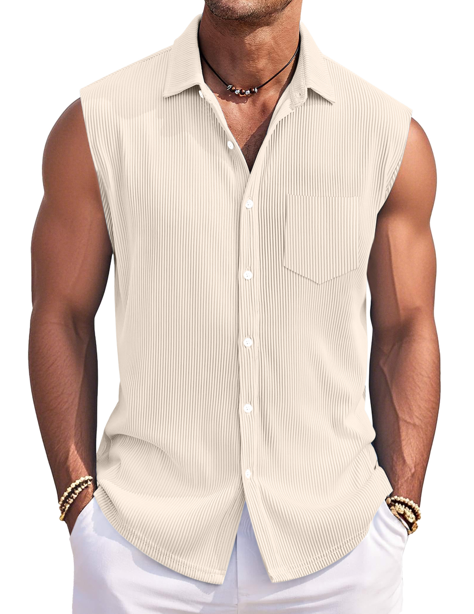 Men's Simple Solid Color Vertical Pit Lapel Button Sleeveless Shirt