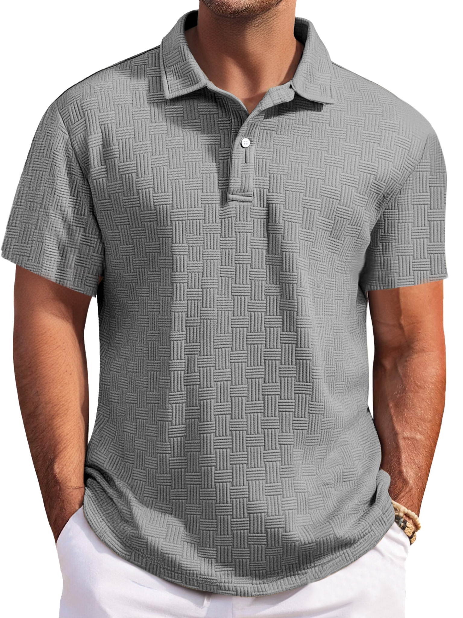 Men's Casual Solid Color Texture Short-sleeved Button Laps Polo Shirt