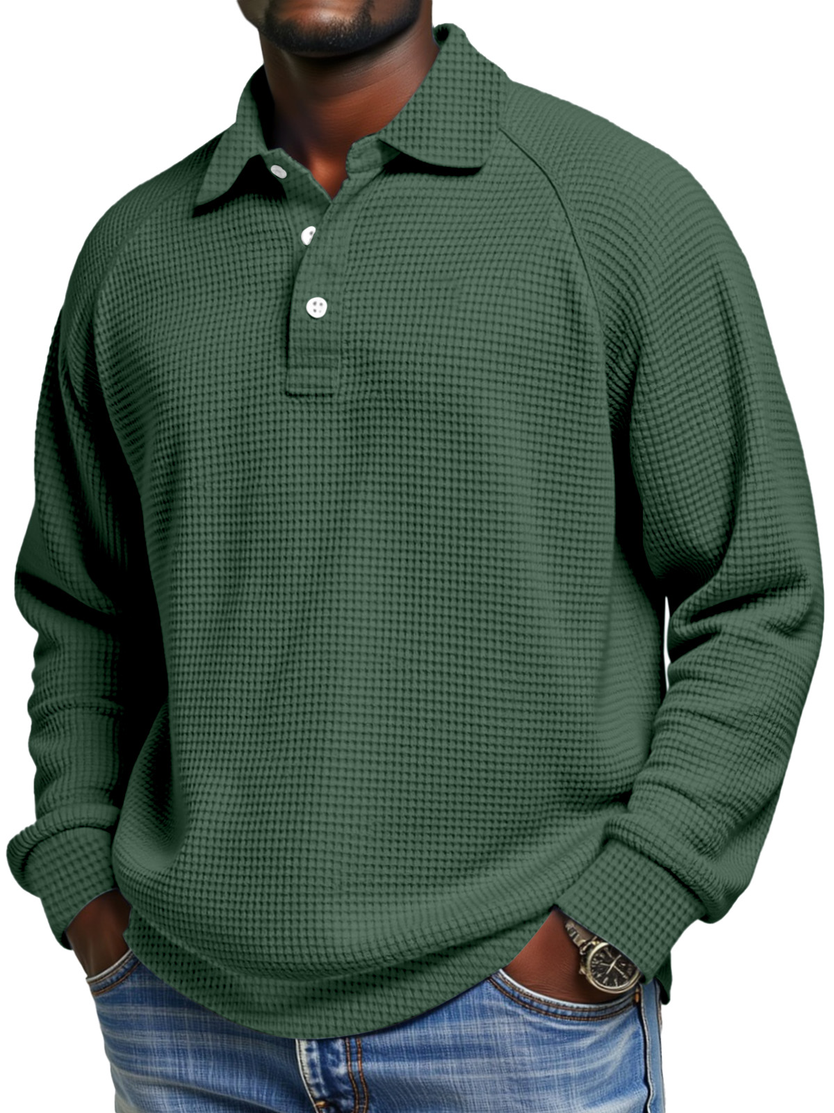 Men's Daily Simple Solid Color Waffle Raglan Sleeve Long Sleeve Polo Shirt