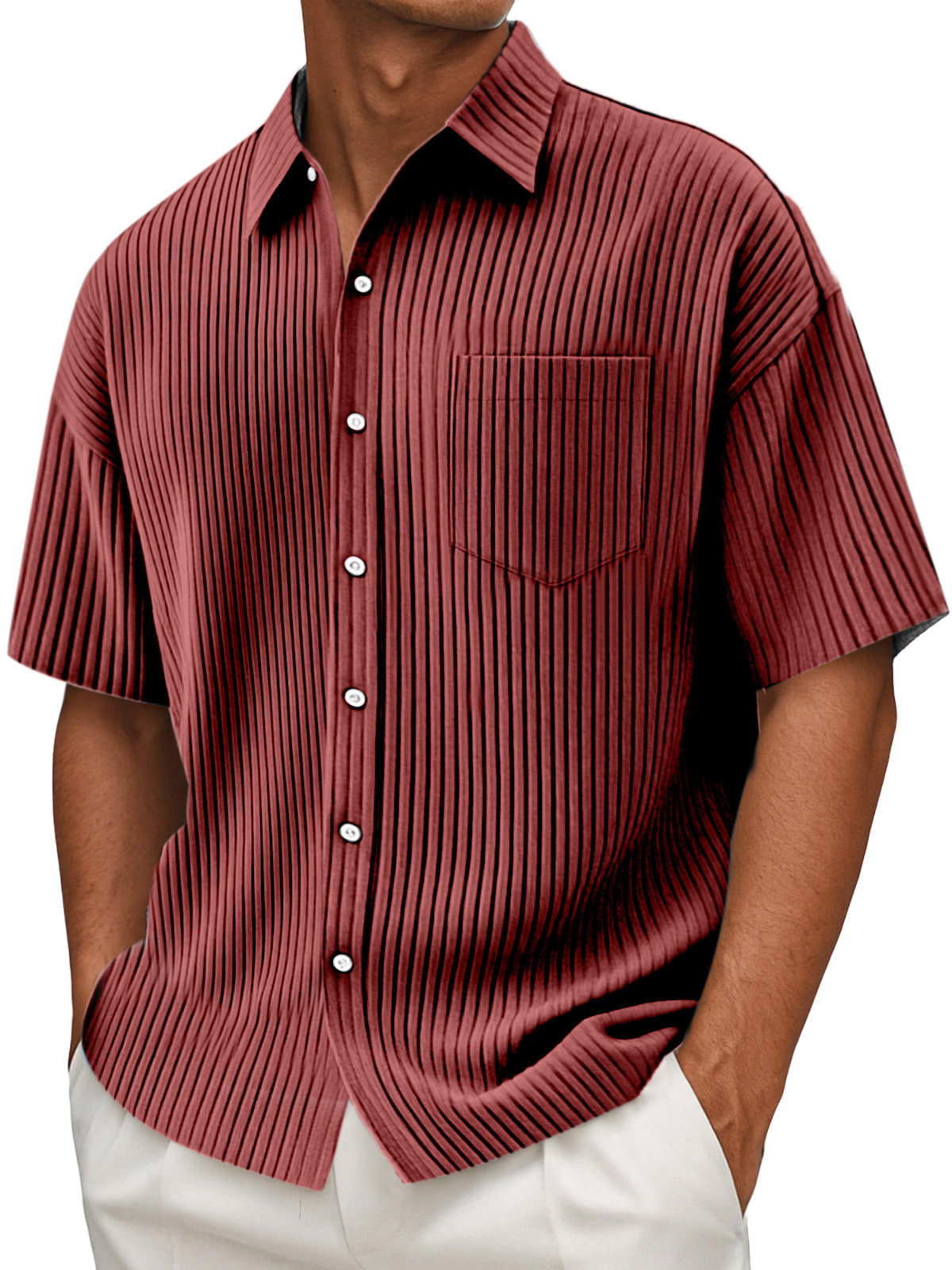 Men's Daily Solid Color Vertical Pit Design Short-sleeved Shirt