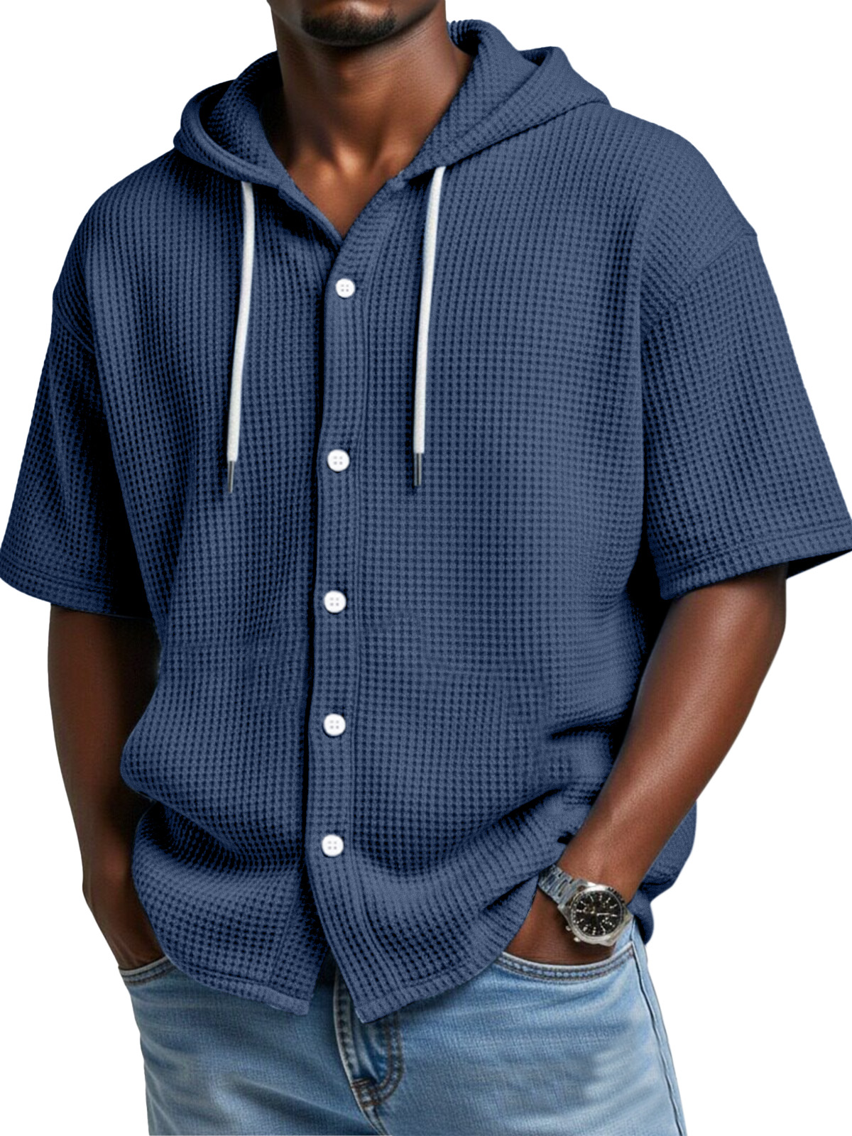 Everyday Casual Waffle Hooded Short Sleeve Button-Down Shirt
