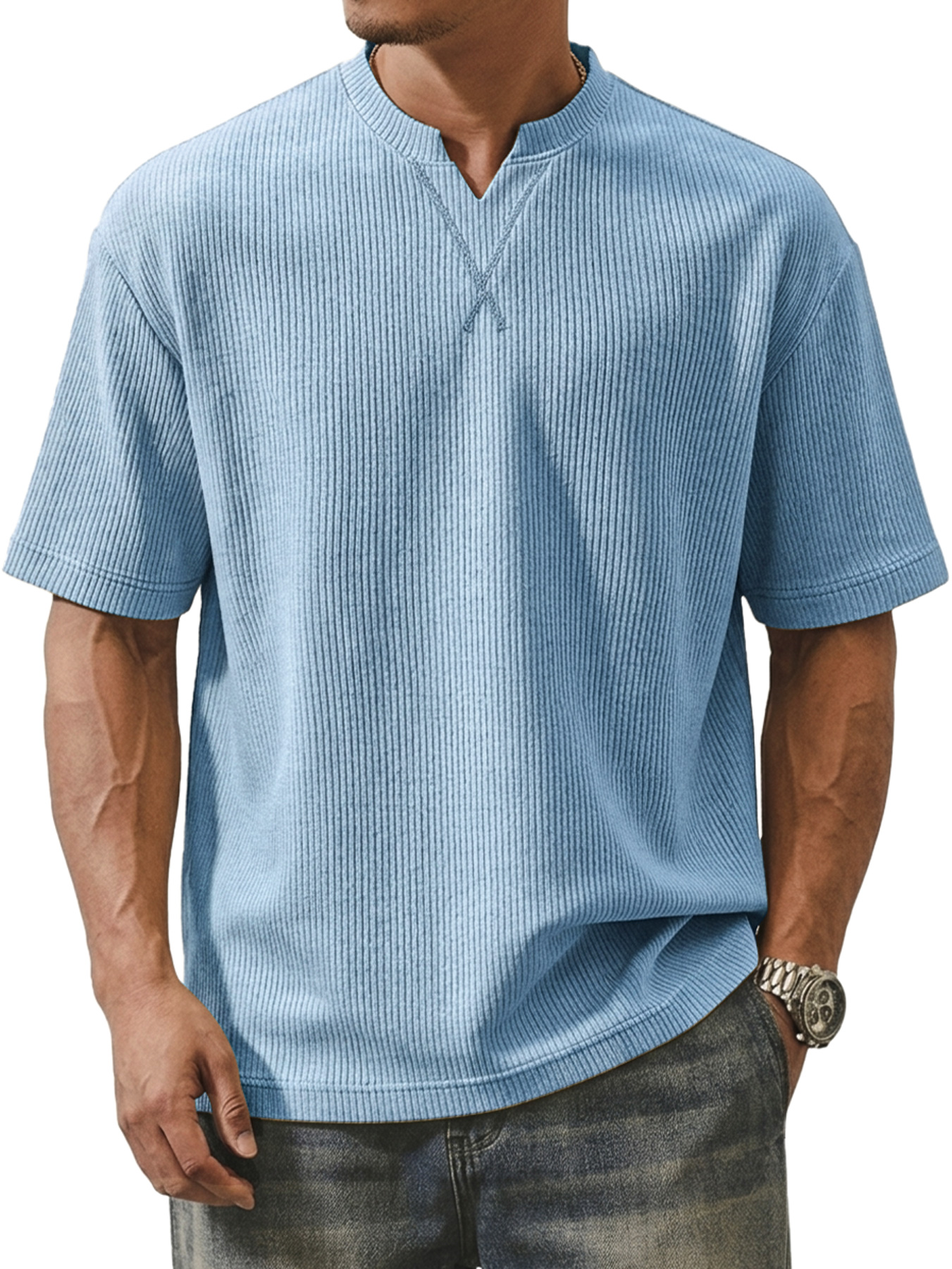 Men's Ribbed V-neck Crossover Design Casual Short-sleeve T-shirt