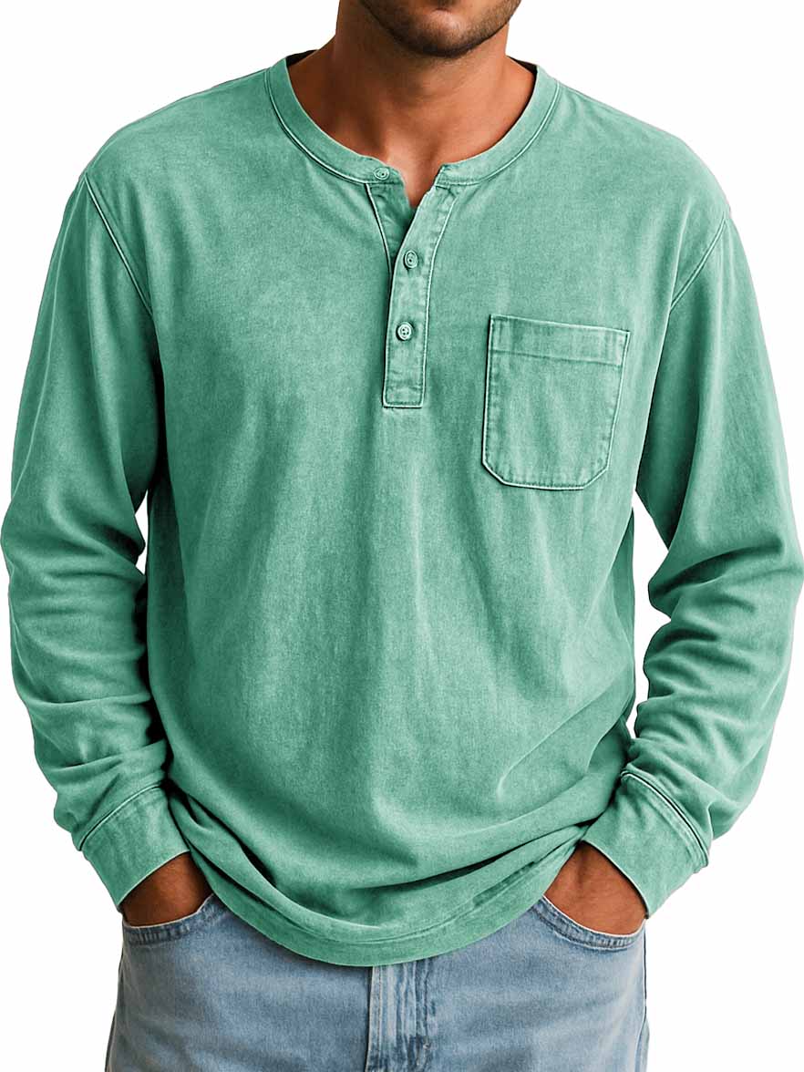 Men's Stylish Retro Outdoor Distressed Pocket Stand Collar Long-sleeved Henley Shirt