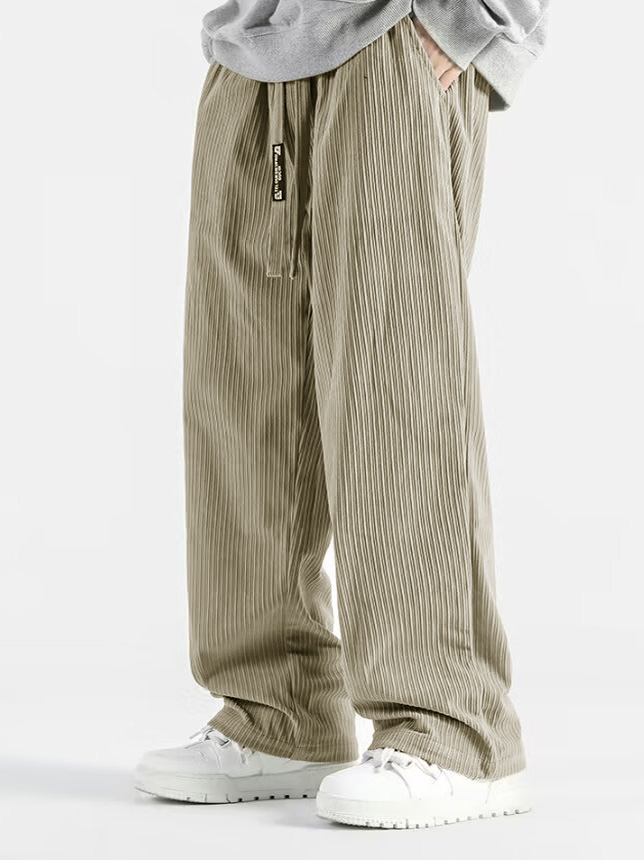 Men's Stylish Casual Loose-fitting Textured Fabric Pants With Pockets And Drawstrings And An Elastic Waistband
