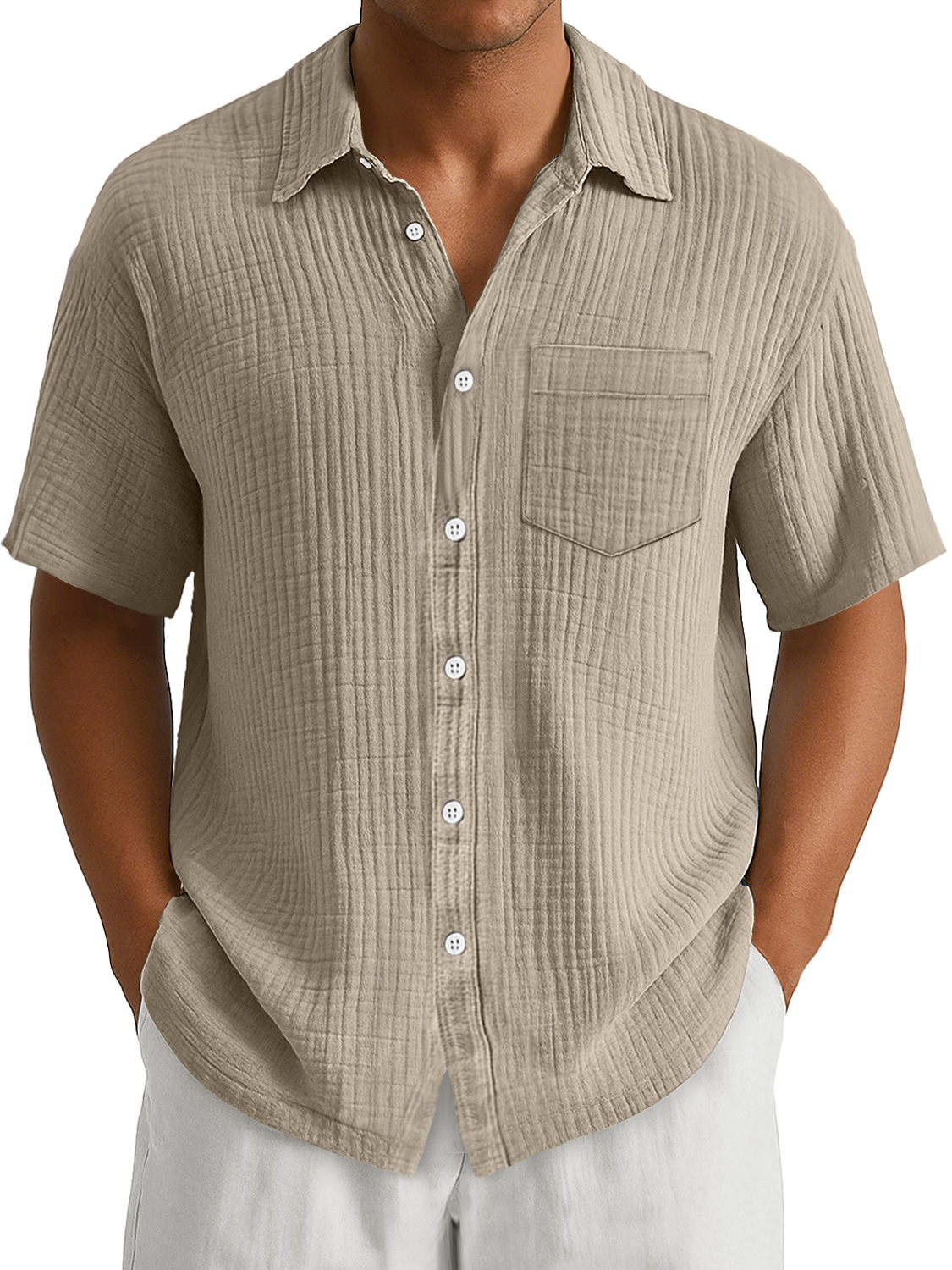 Men's Daily Casual Pleated Pocket Simple And Comfortable Short-Sleeved Shirt