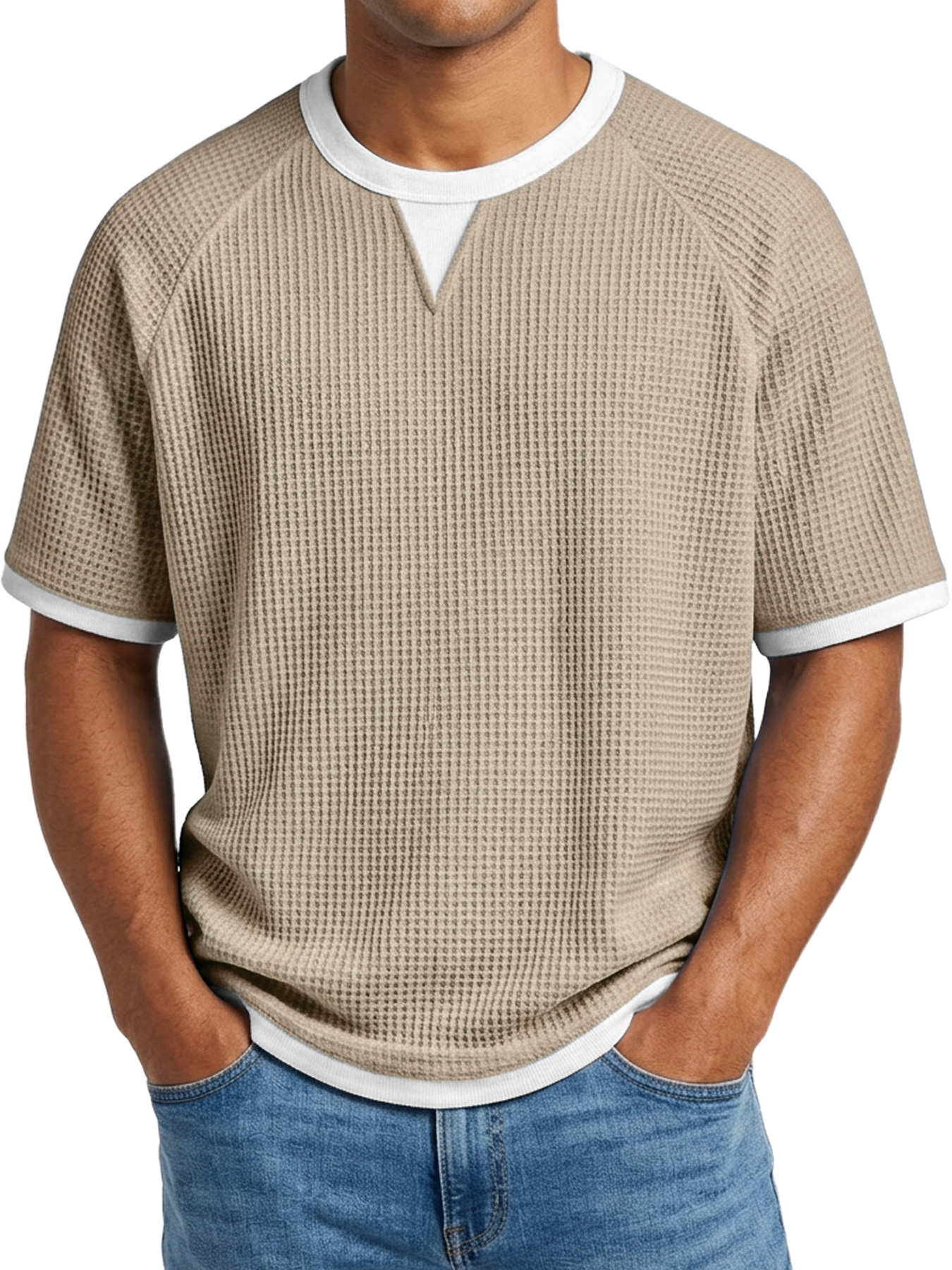 Men's Waffle Casual Color Block Comfortable Crew Neck Short Sleeve T-shirt