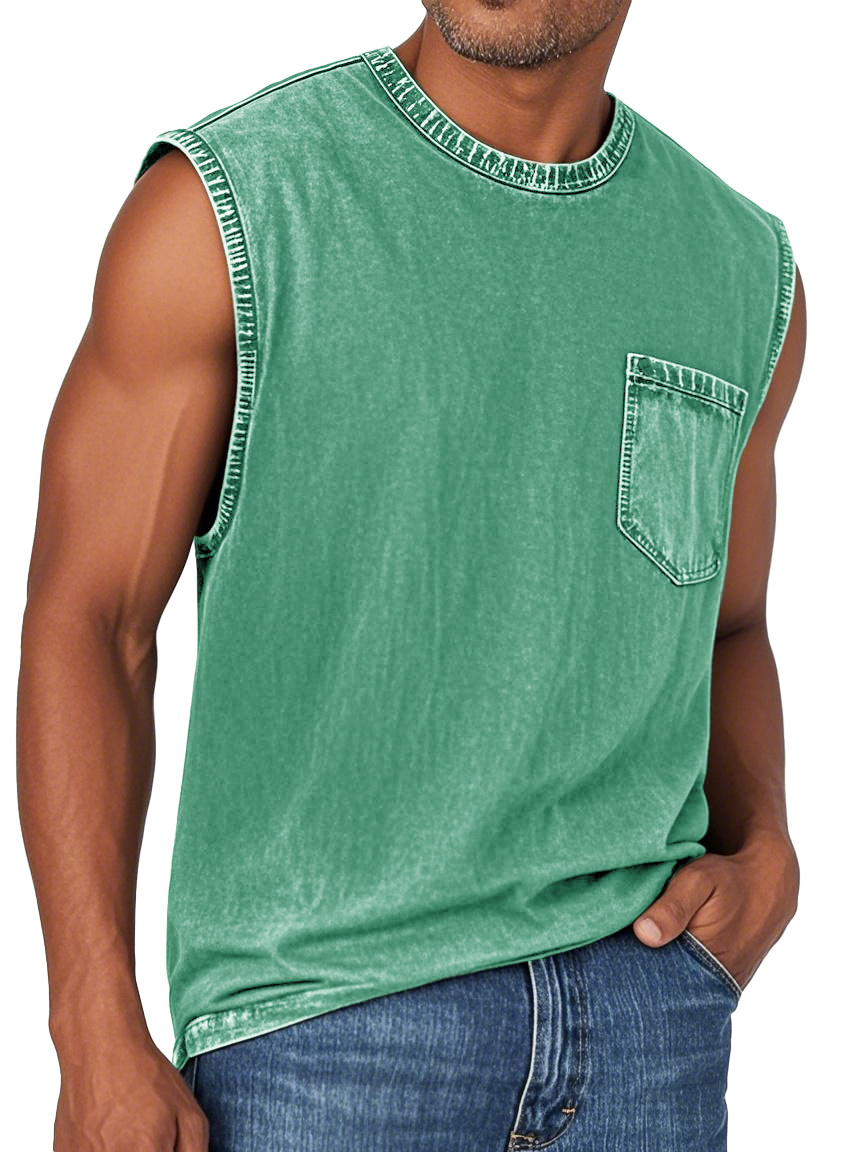 Men's Fashion Retro Washed Round Neck Pocket Sleeveless T-shirt
