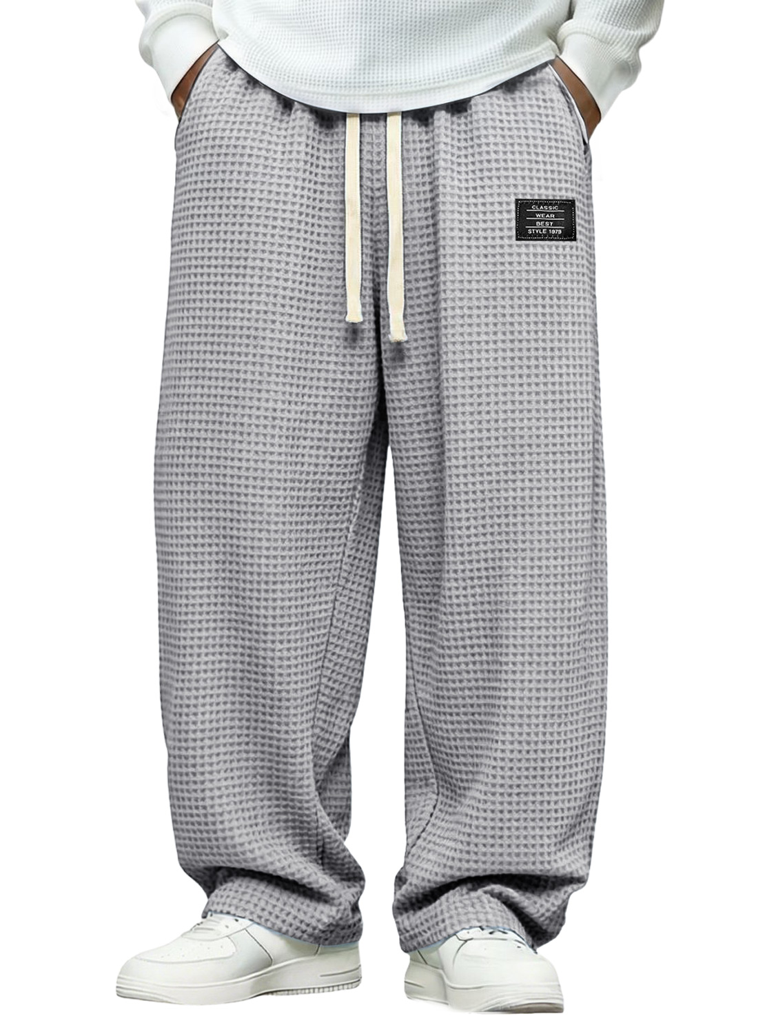 Men's Simple Waffle-knit Casual Loose-fitting Trousers With Embroidered Logo