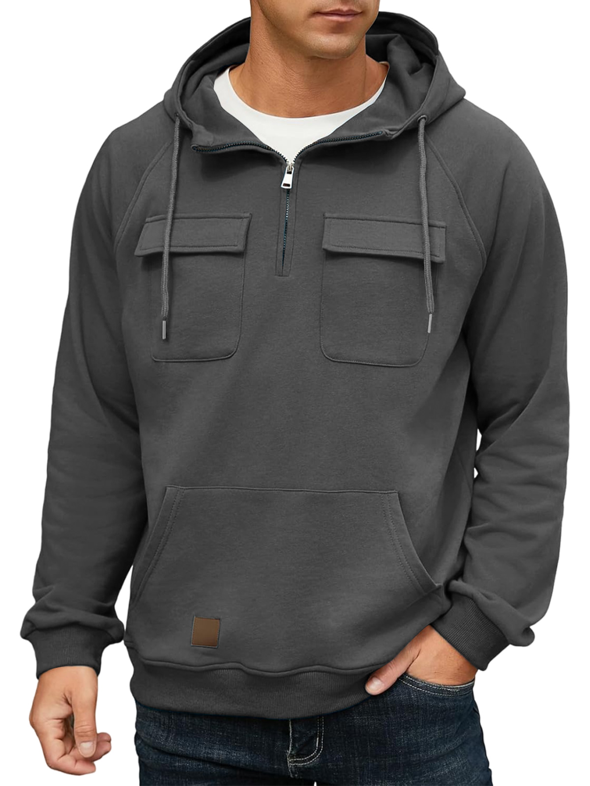 Men's Casual Hooded Zippered Double Pocket Solid Color Sweatshirt