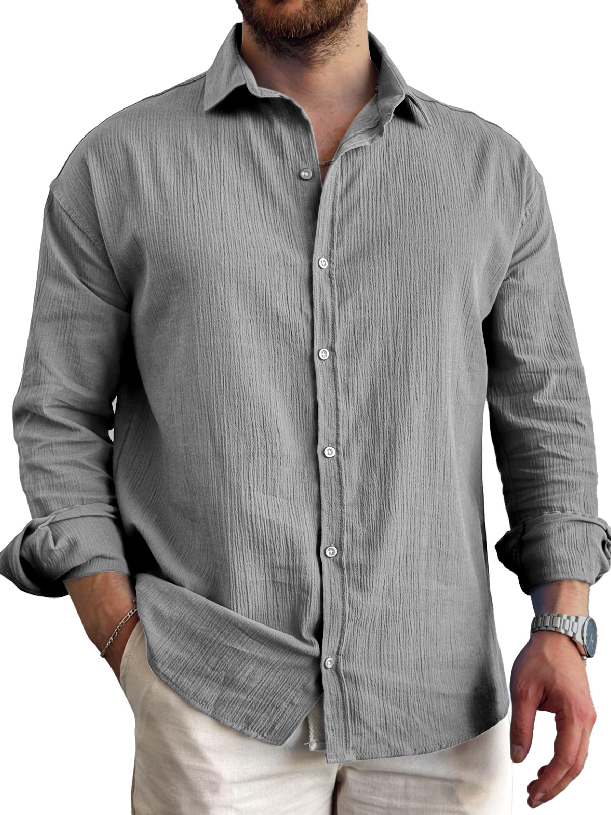 Men's Daily Simple Pleated Textured Lapel Long-sleeved Shirt