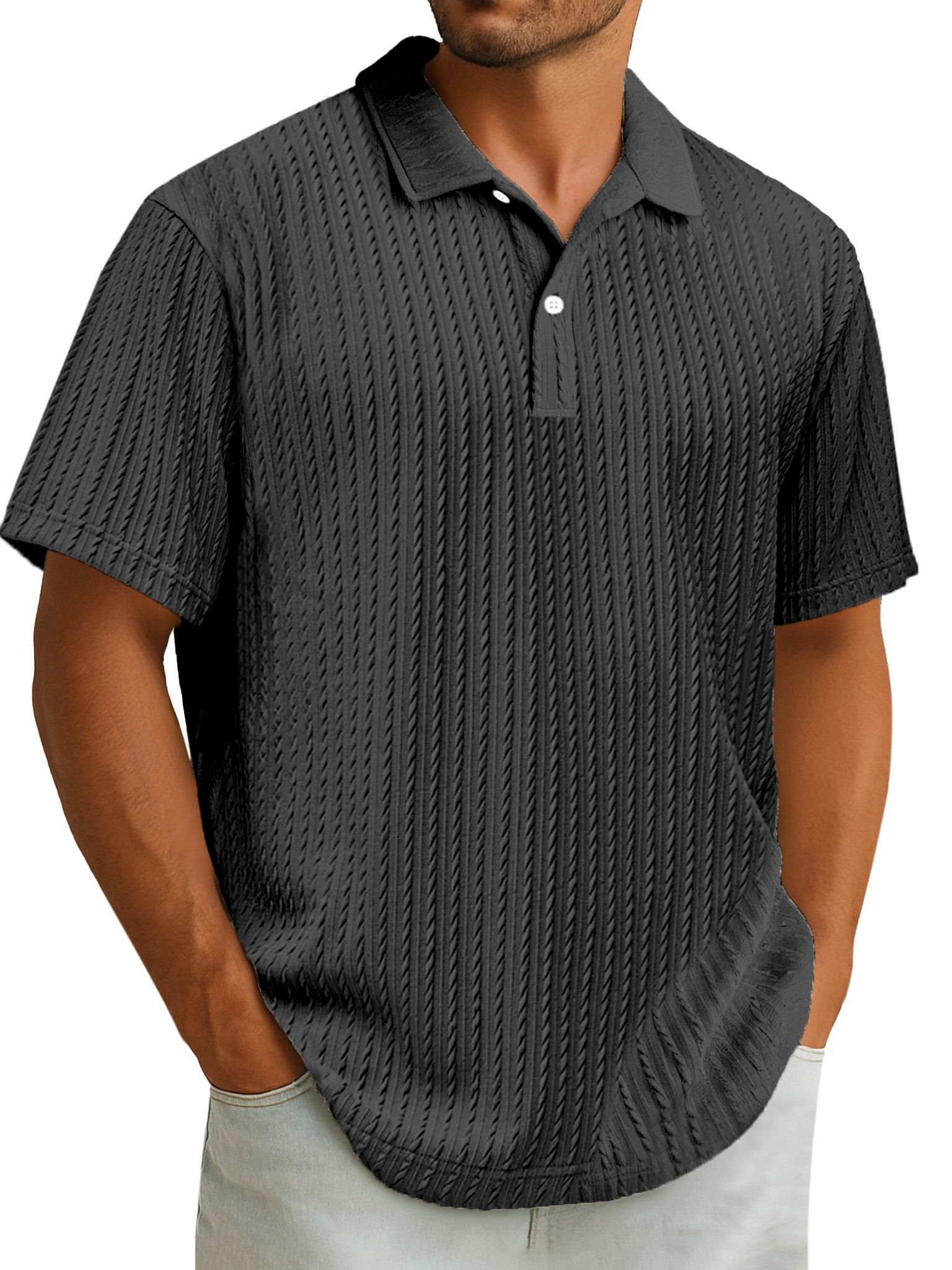 Men's Casual Simple Design Solid Color Texture Short-sleeved Polo Shirt