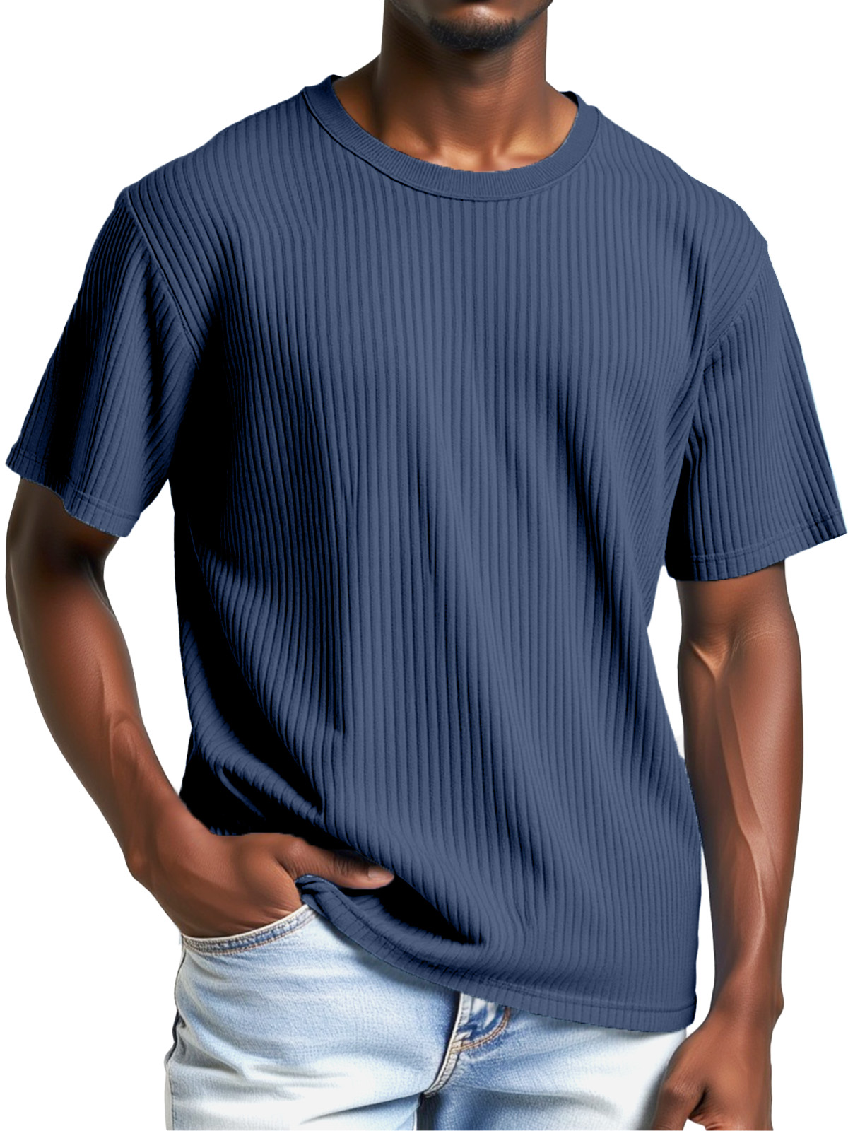Men's Comfortable Solid Color Vertical Pit Round Neck Short-sleeved T-shirt
