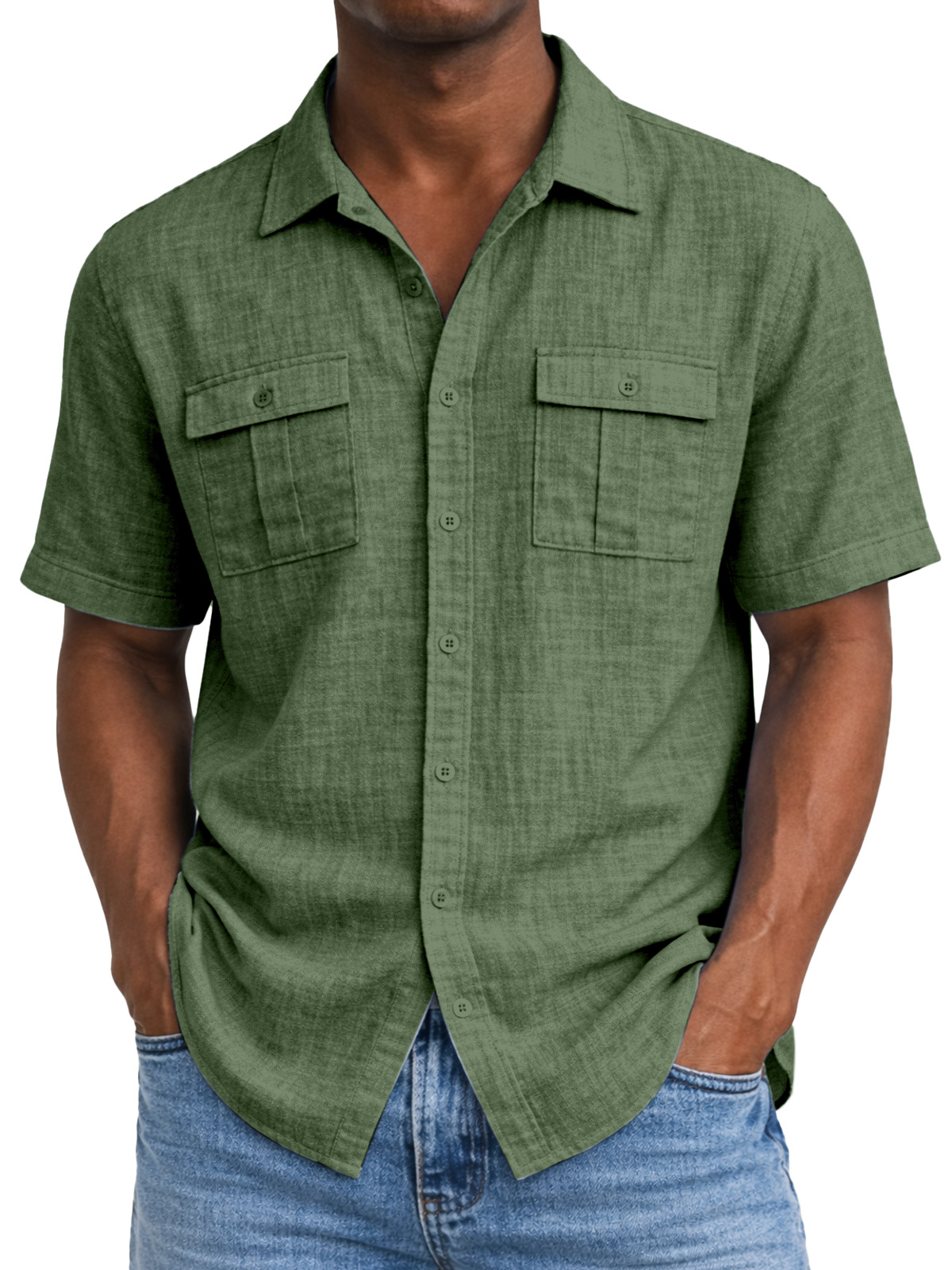 Men's solid color breathable linen short-sleeved shirt