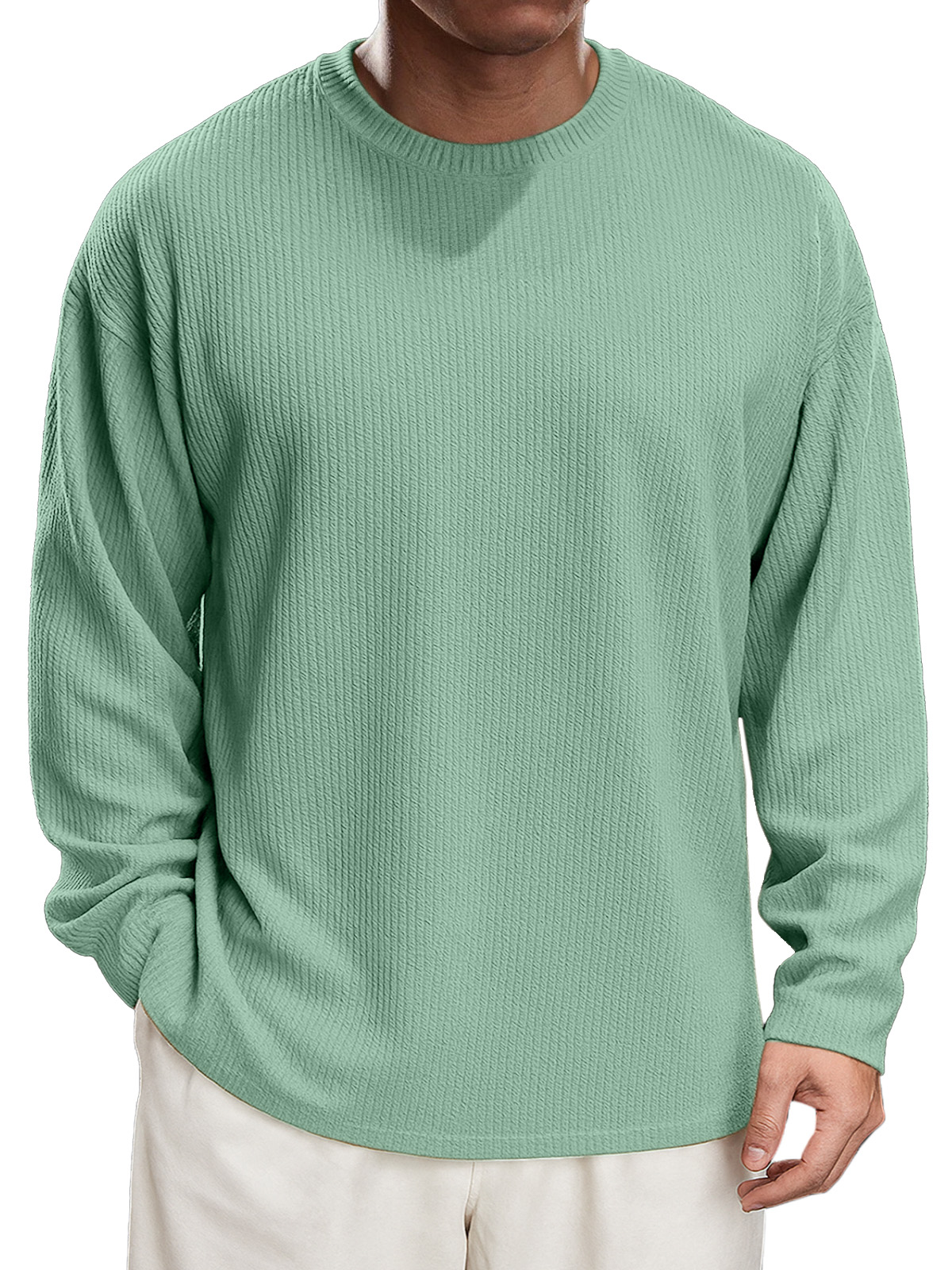 Men's Simple Daily Solid Color Texture Round Neck Long-sleeved T-shirt