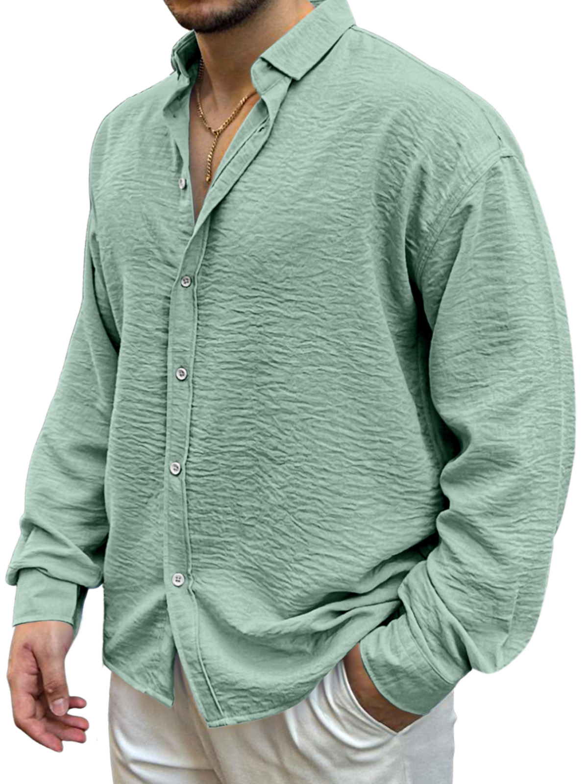 Men's Simple Solid Color Pleated Loose And Comfortable Lapel Long-sleeved Shirt