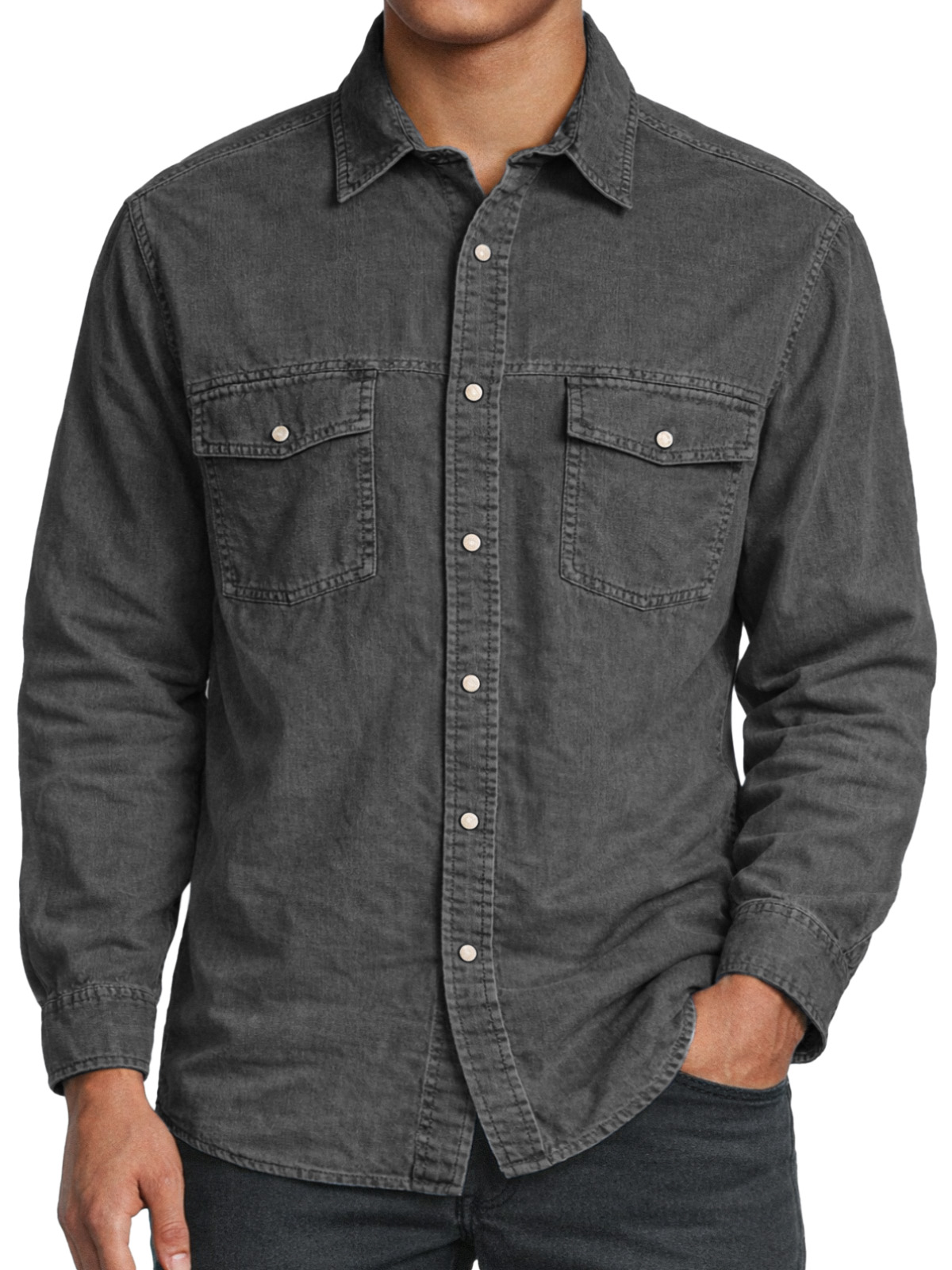 Men's Retro Double-pocket Collared Long-sleeved Shirt