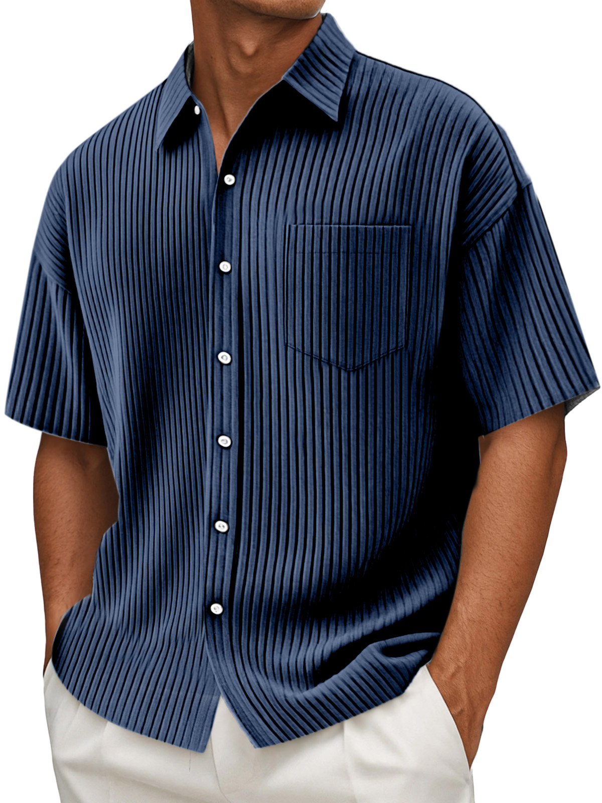 Men's Daily Solid Color Vertical Pit Design Short-sleeved Shirt