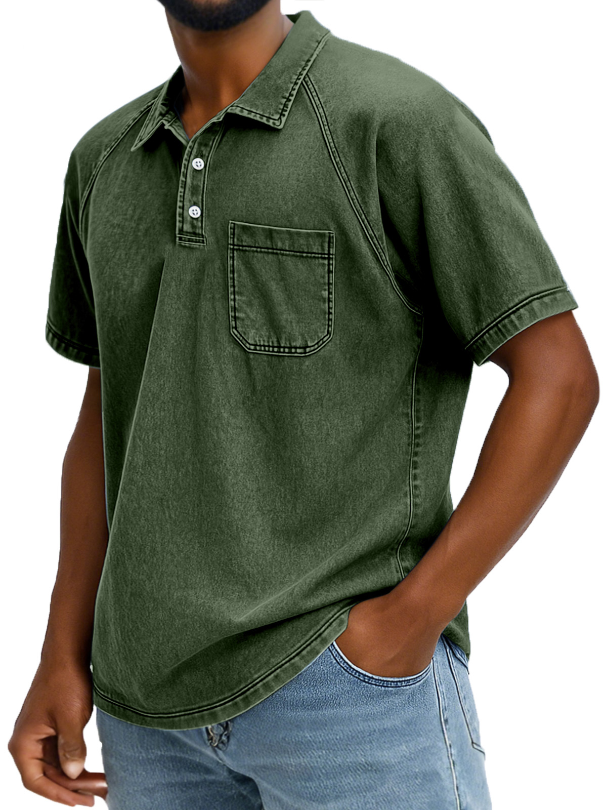 Men's Retro Solid Color Comfortable Raglan Sleeve Polo Shirt