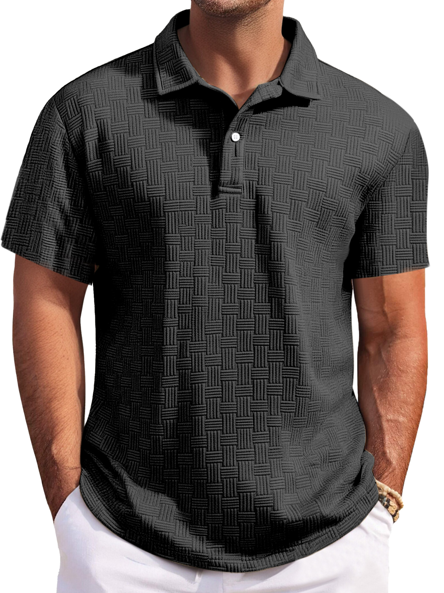 Men's Casual Solid Color Texture Short-sleeved Button Laps Polo Shirt