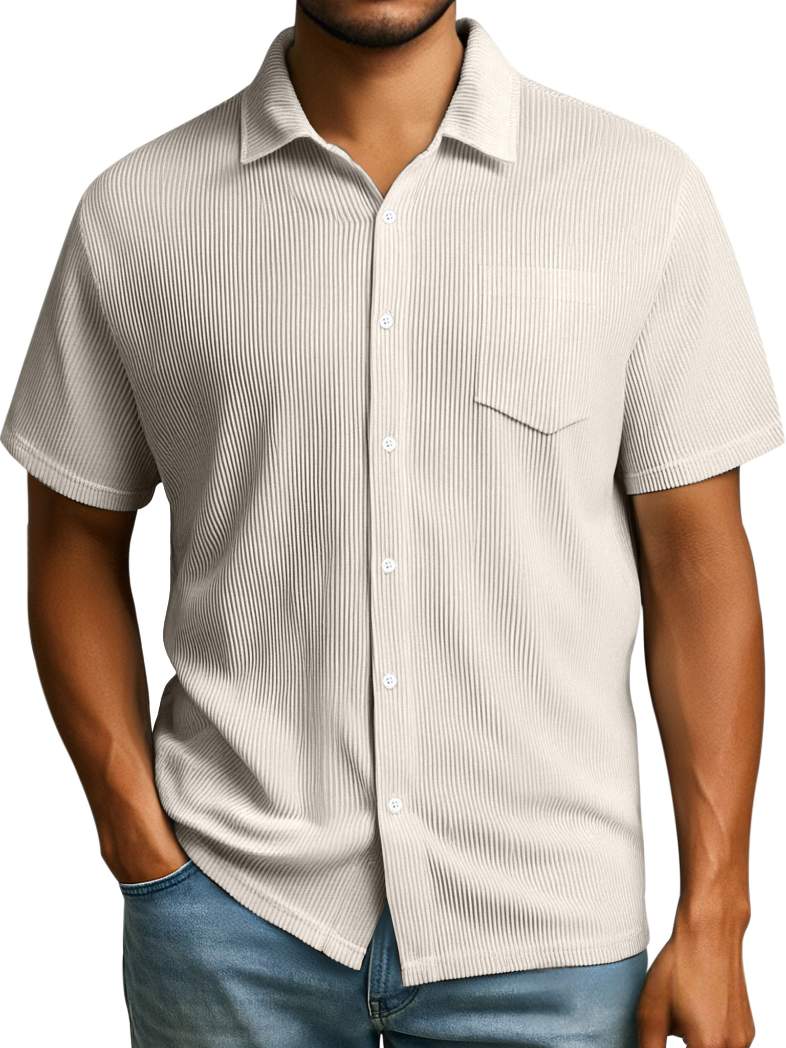 Men's Daily Casual Solid Color Loose Rib Stitch Short-sleeved Lapel Shirt