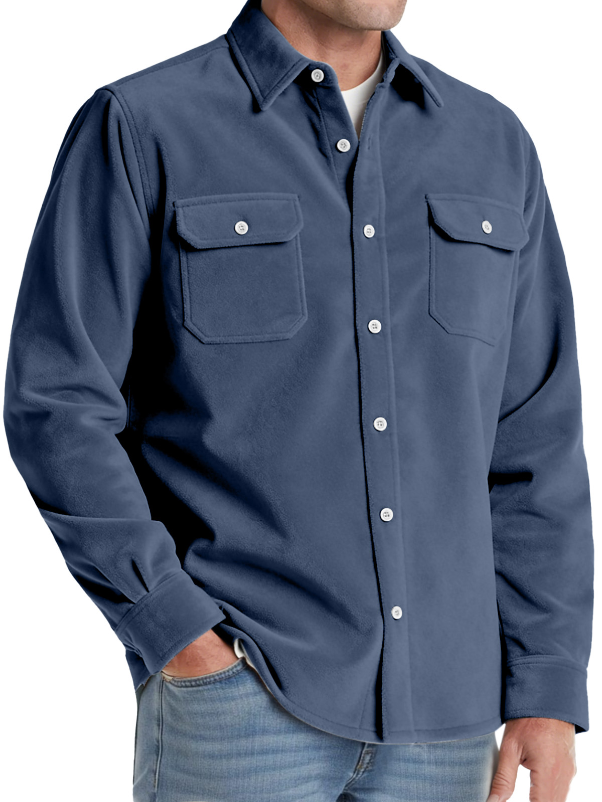 Men's Comfortable Solid-color Suede Double-pocket Long-sleeved Shirt