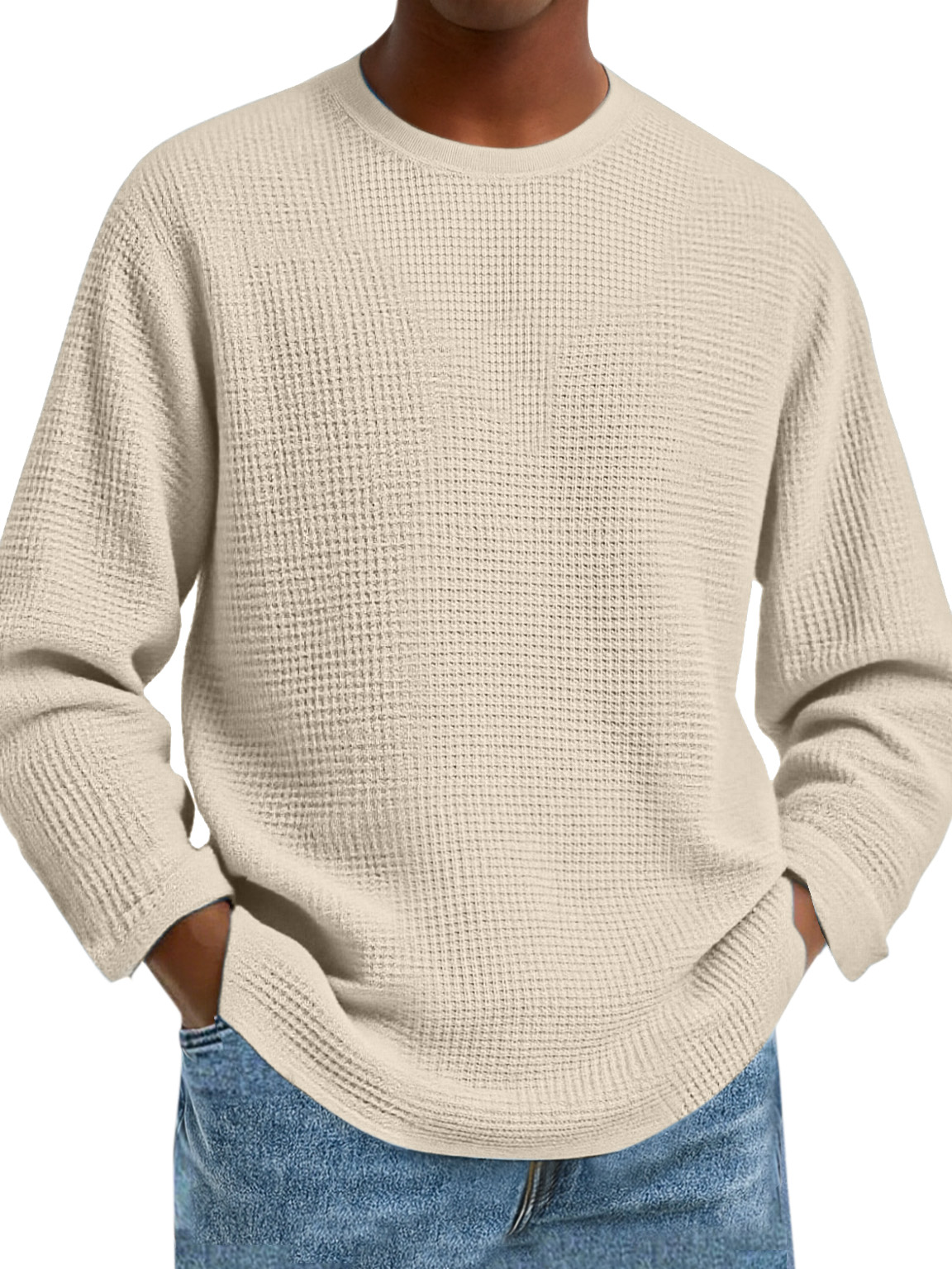 Men's Simple Daily Solid Color Waffle Round Neck Long Sleeve T-shirt