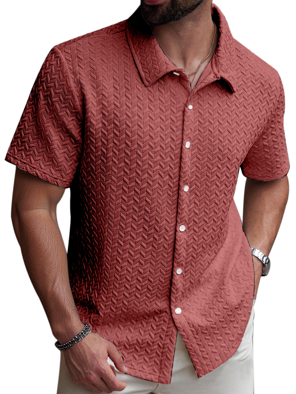 Men's Simple Solid Color Simple Texture Short-sleeved Shirt