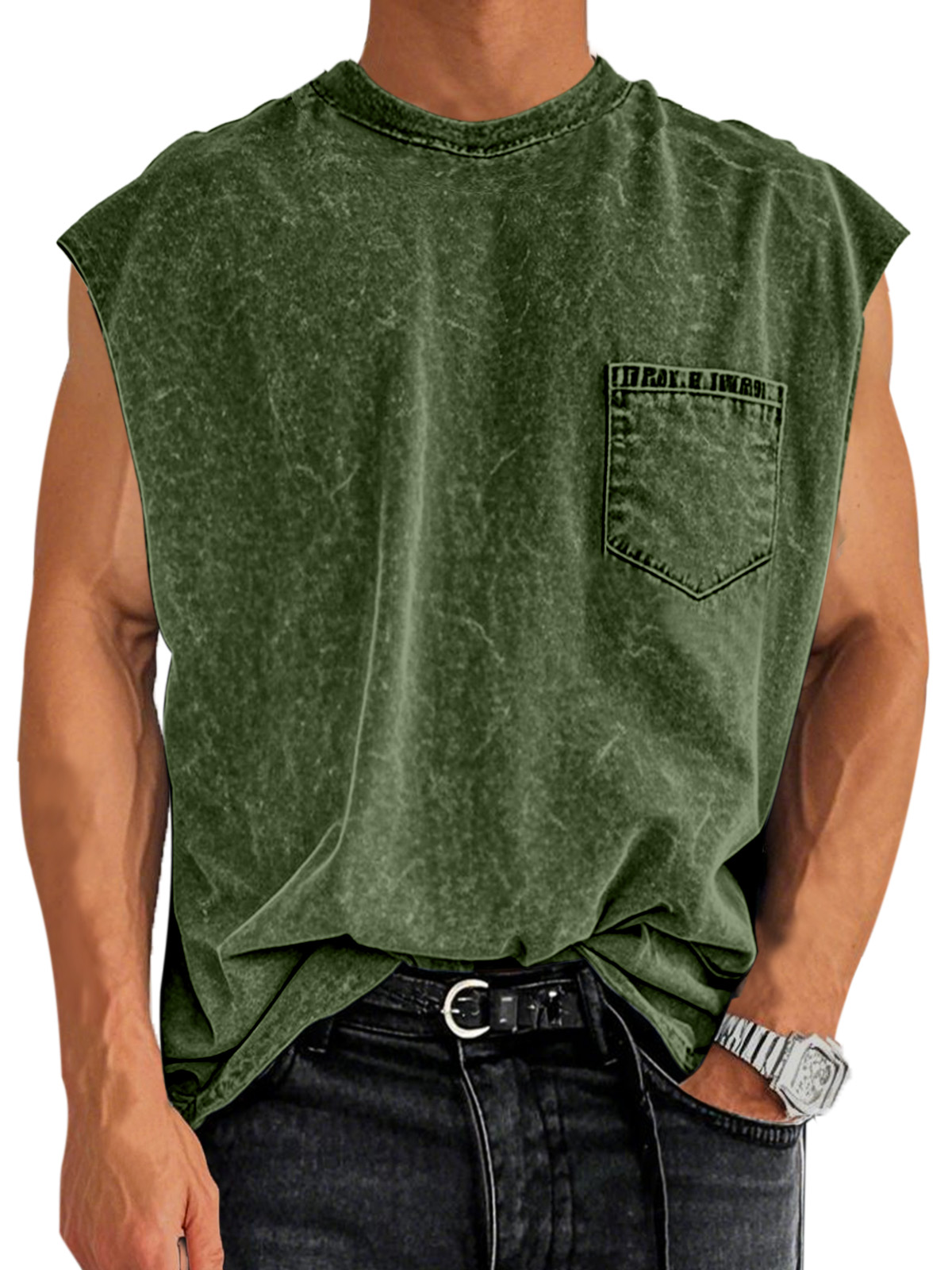 Men's Retro Cotton Washed Pocket Round Neck Sleeveless T-shirt