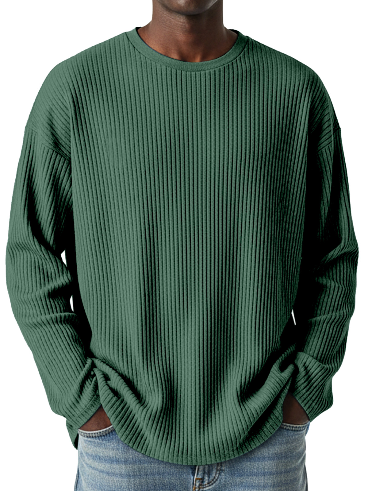 Men's Simple Daily Solid Color Vertical Pit Strip Round Neck Long-sleeved T-shirt