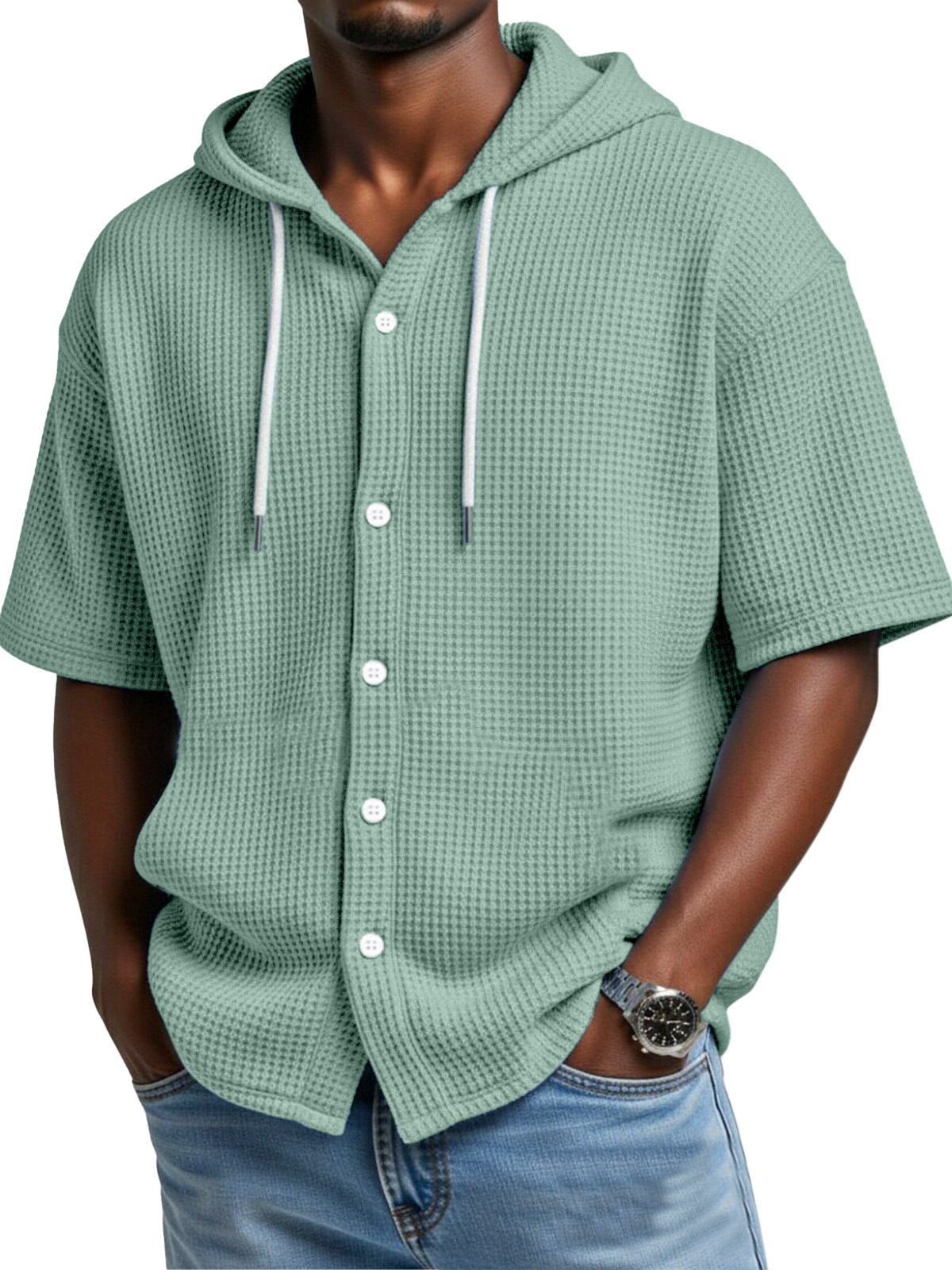 Everyday Casual Waffle Hooded Short Sleeve Button-Down Shirt