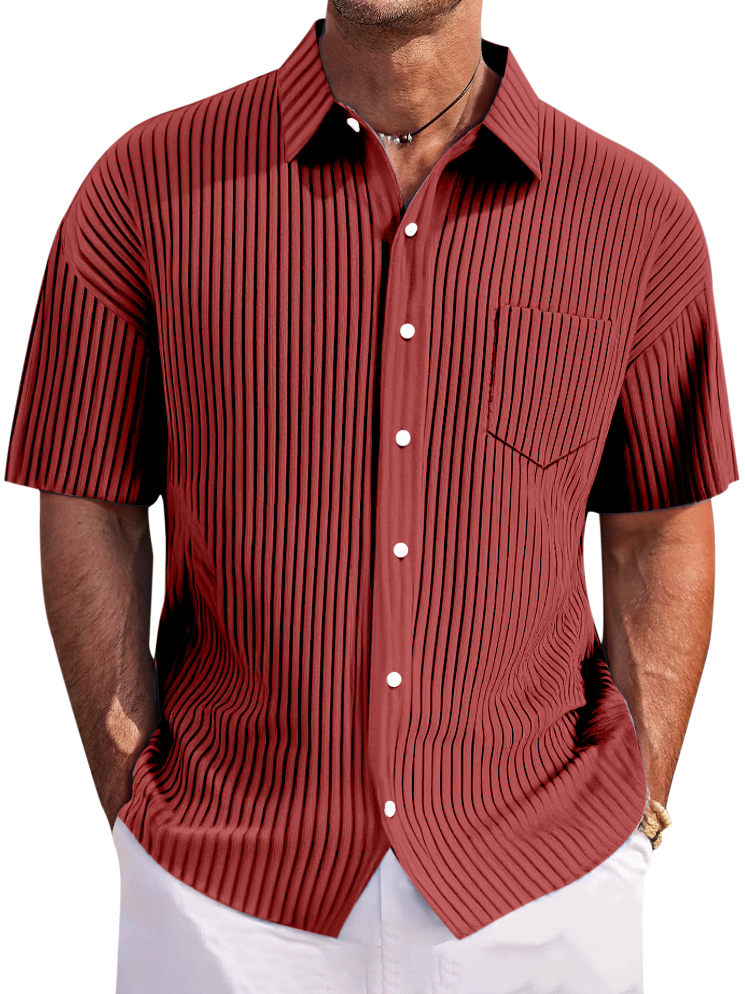 Men's Casual Loose Pitted Textured Lapel Button-down Short-sleeved Shirt