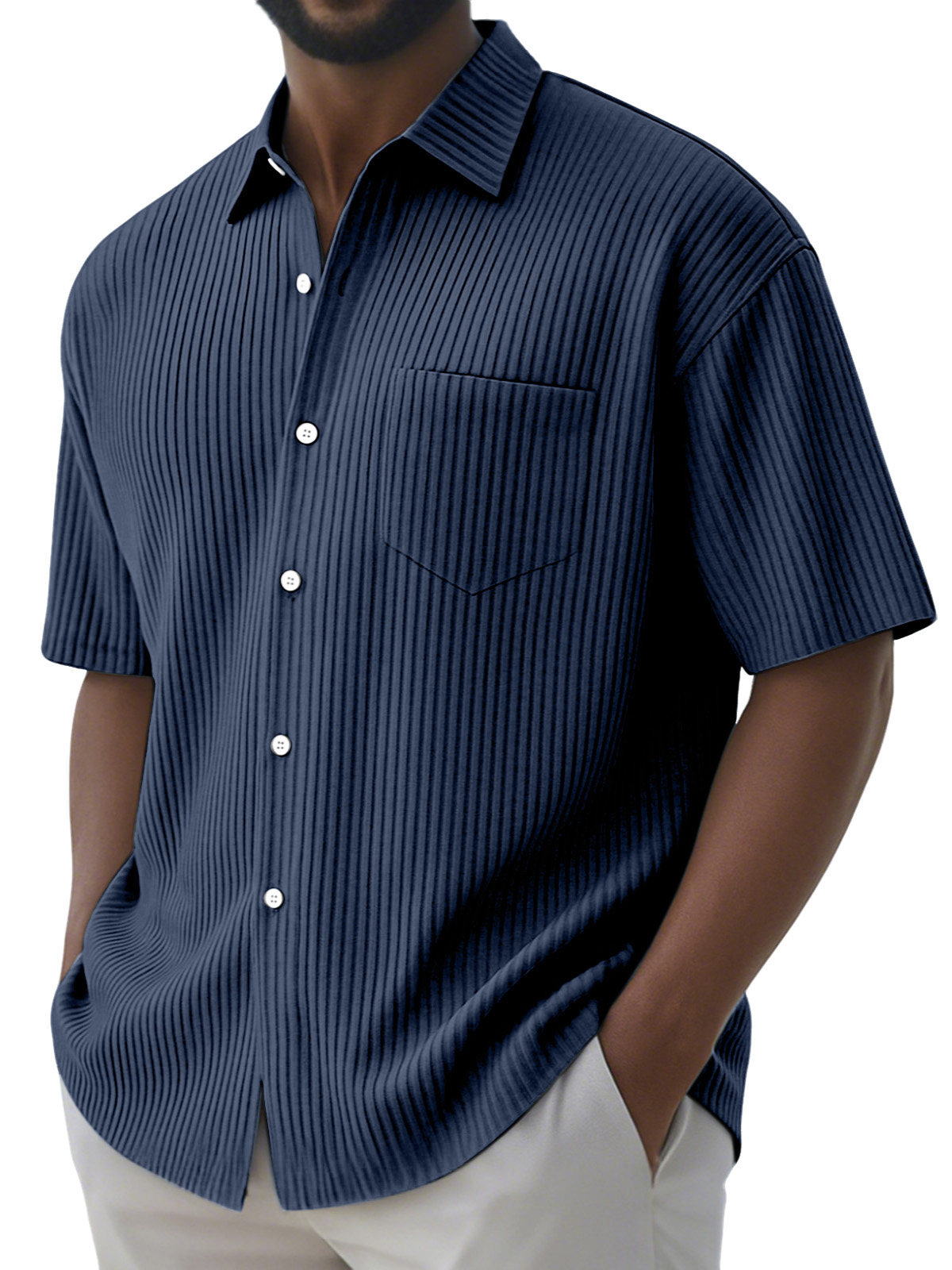 Men's Simple Solid Color Vertical Pit Button Lapel Short-sleeved Shirt