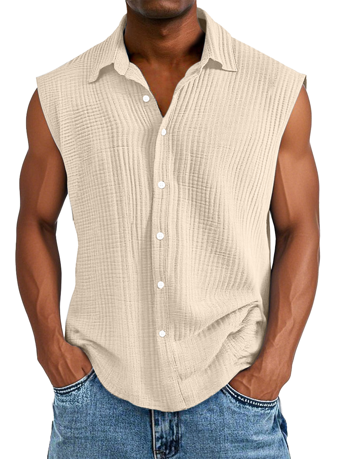 Men's Casual Solid Color Pleated Texture Sleeveless Lapel Shirt