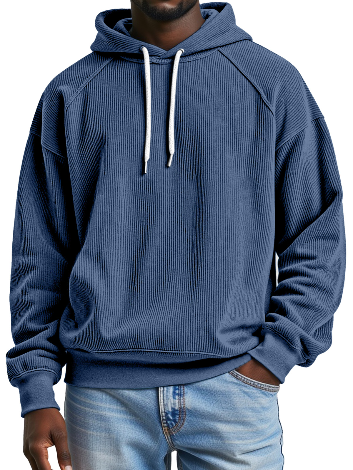 Men's Simple And Comfortable Vertical Pit Strip Raglan Design Loose Hooded Sweatshirt