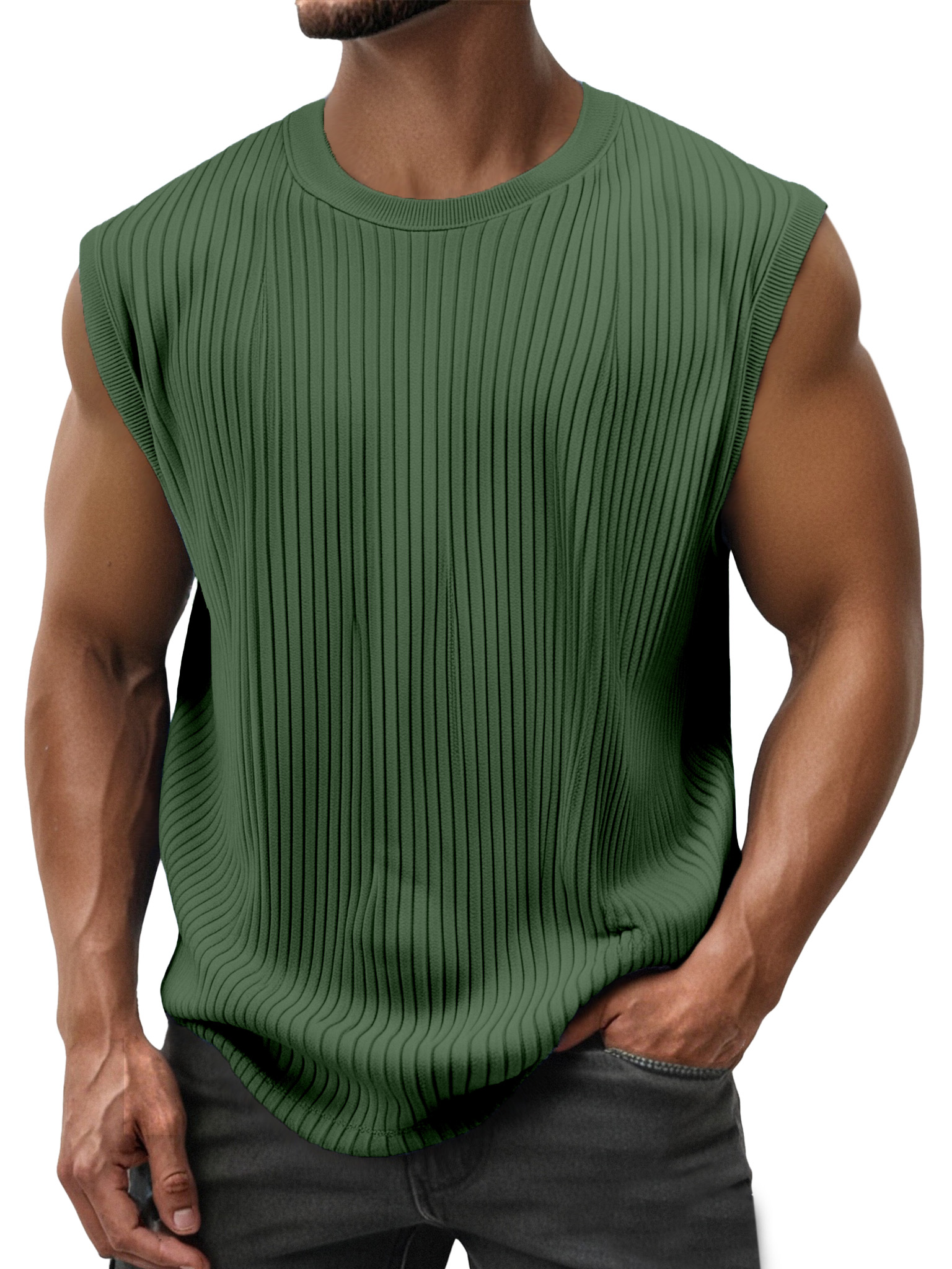 Men's Simple Everyday Solid Color Vertical Strip Sleeveless Round Neck T-shirt